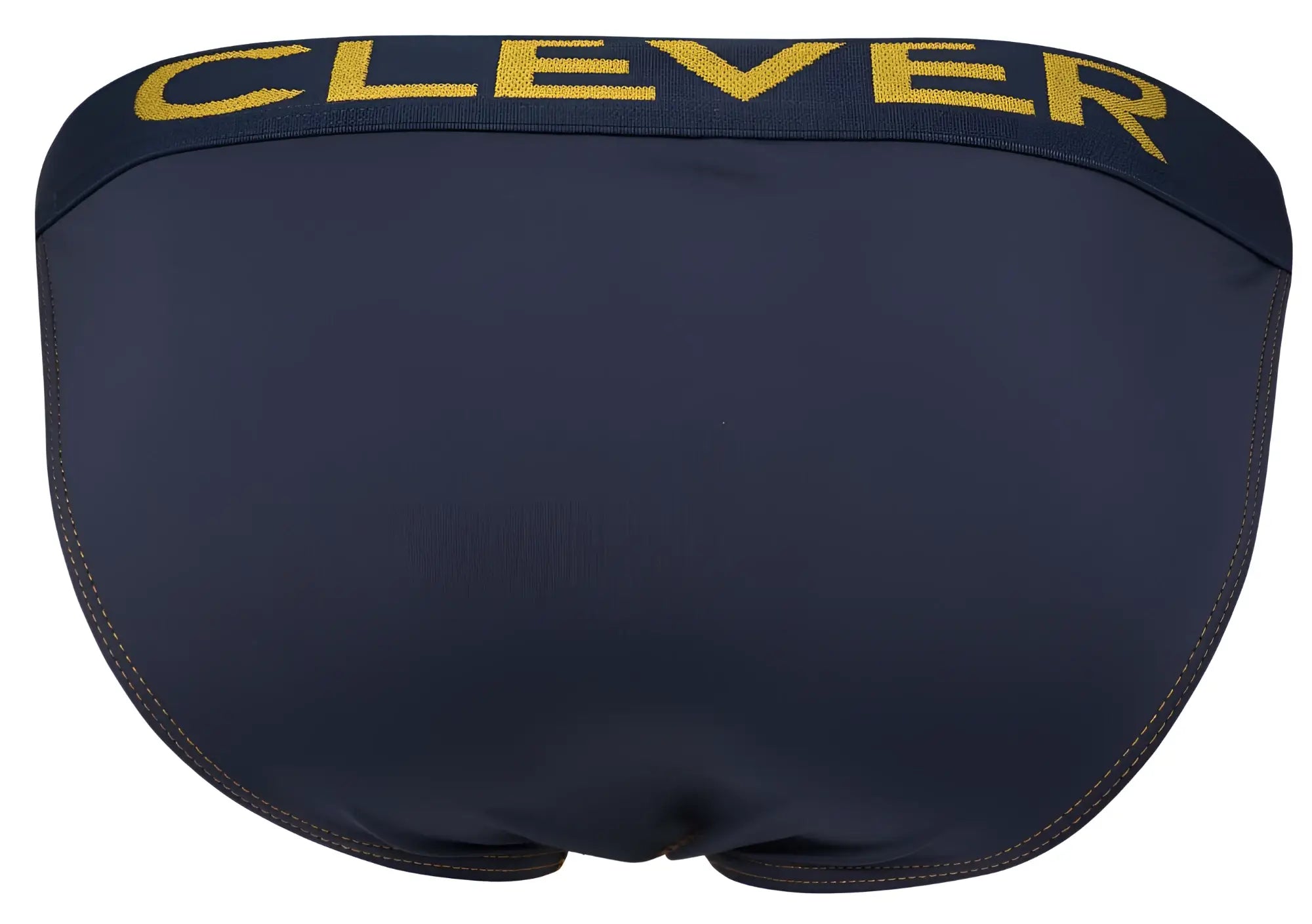 Navy blue clever 2009 earthskin bikini swim trunks with gold clever branding along the waistband