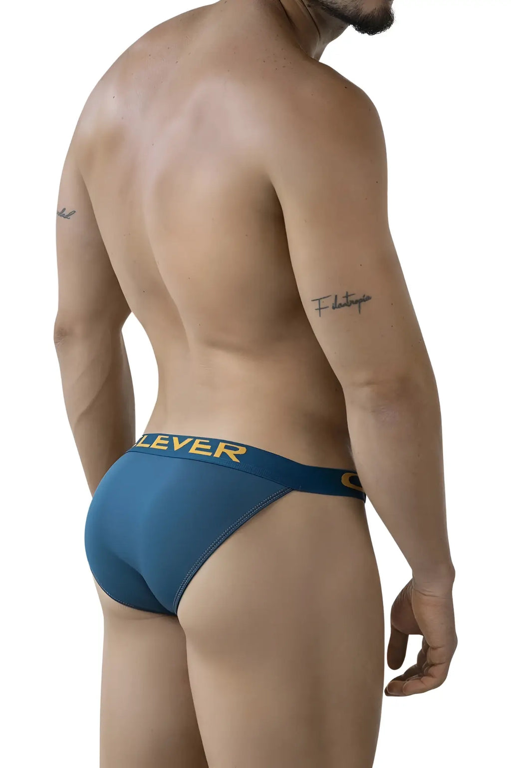Blue clever 2009 earthskin bikini brief with yellow logo and emblem on waistband in petrol green color