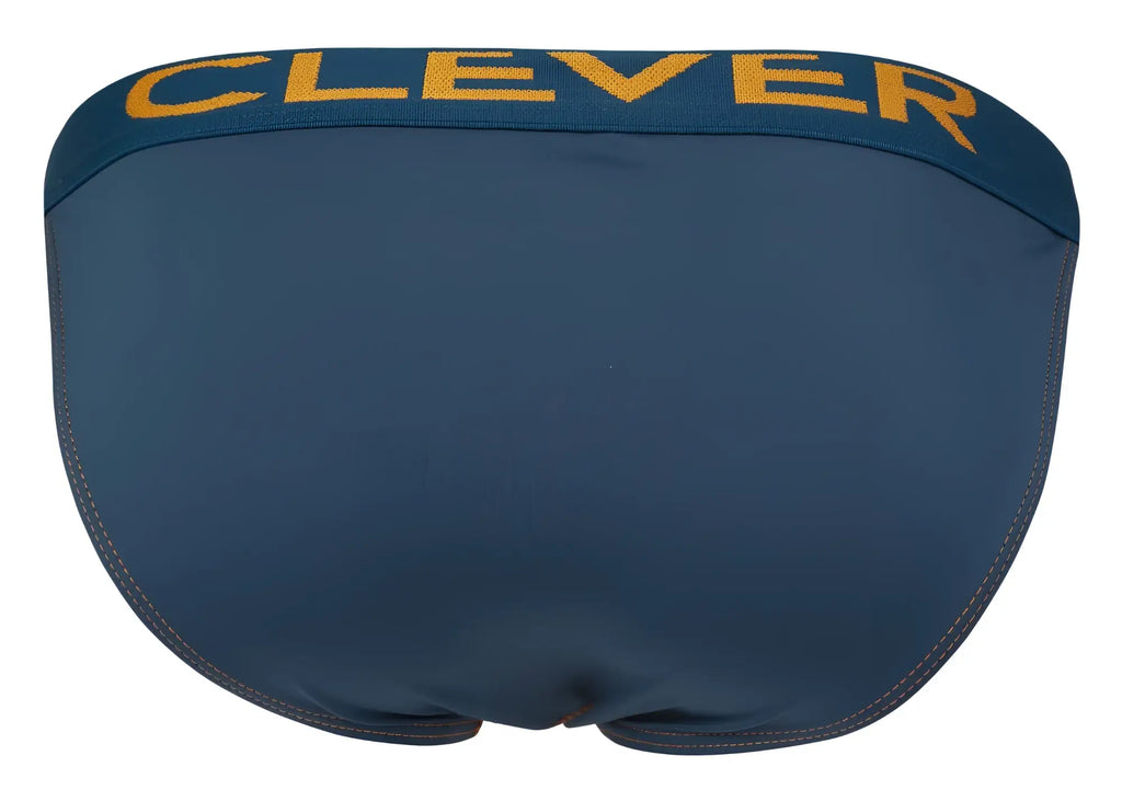 Dark blue men’s briefs with a yellow clever logo on the waistband from clever 2009 earthskin bikini petrol green collection