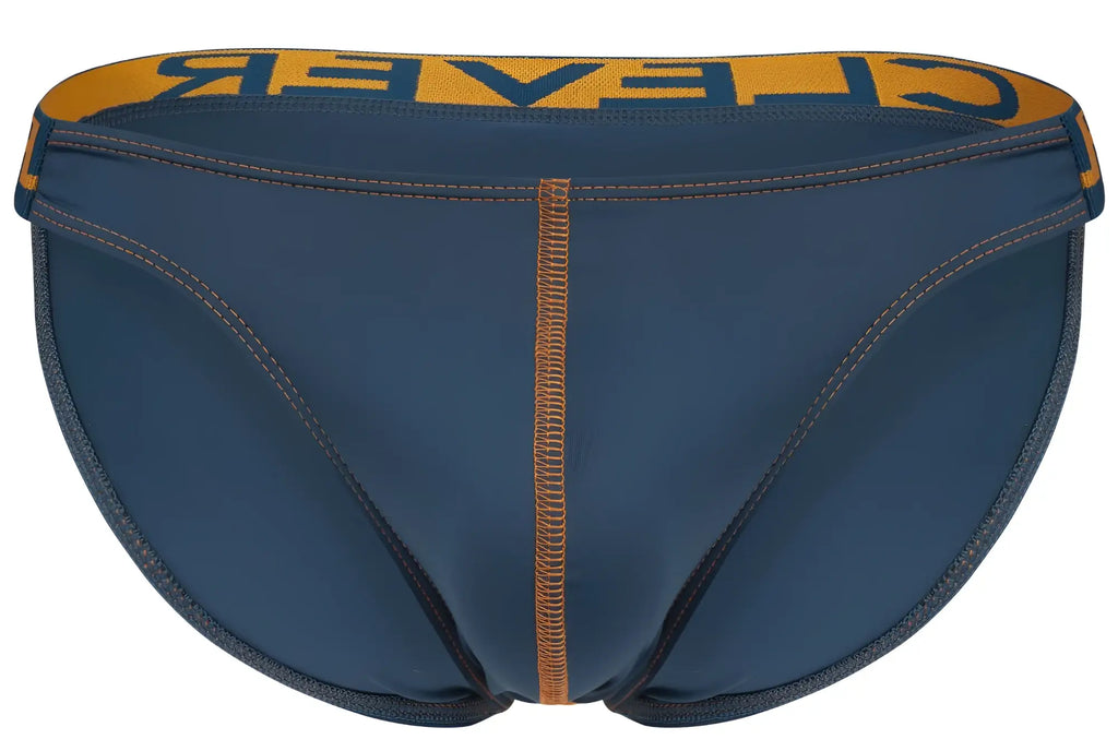 Navy blue briefs with orange waistband featuring clever branding in bold black lettering from clever 2009 earthskin line