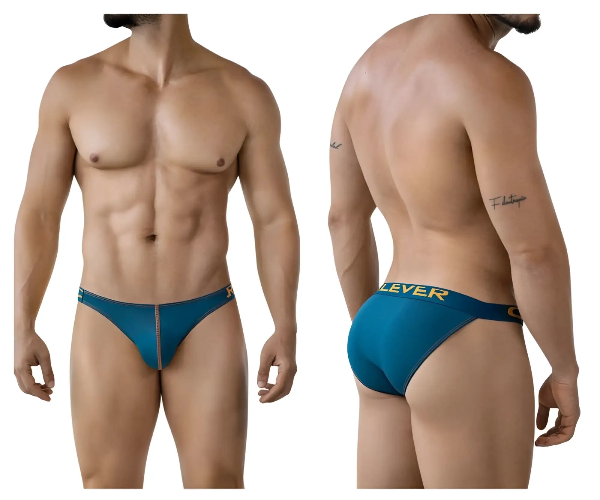 Teal-colored clever 2009 earthskin bikini briefs with subtle texture and gold lettering on the waistband in petrol green