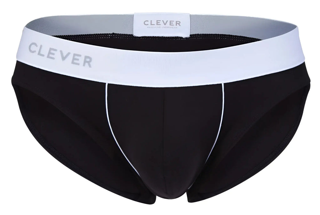 Black clever 2012 origen briefs with white waistband gray trim and subtle white stitching along the sides