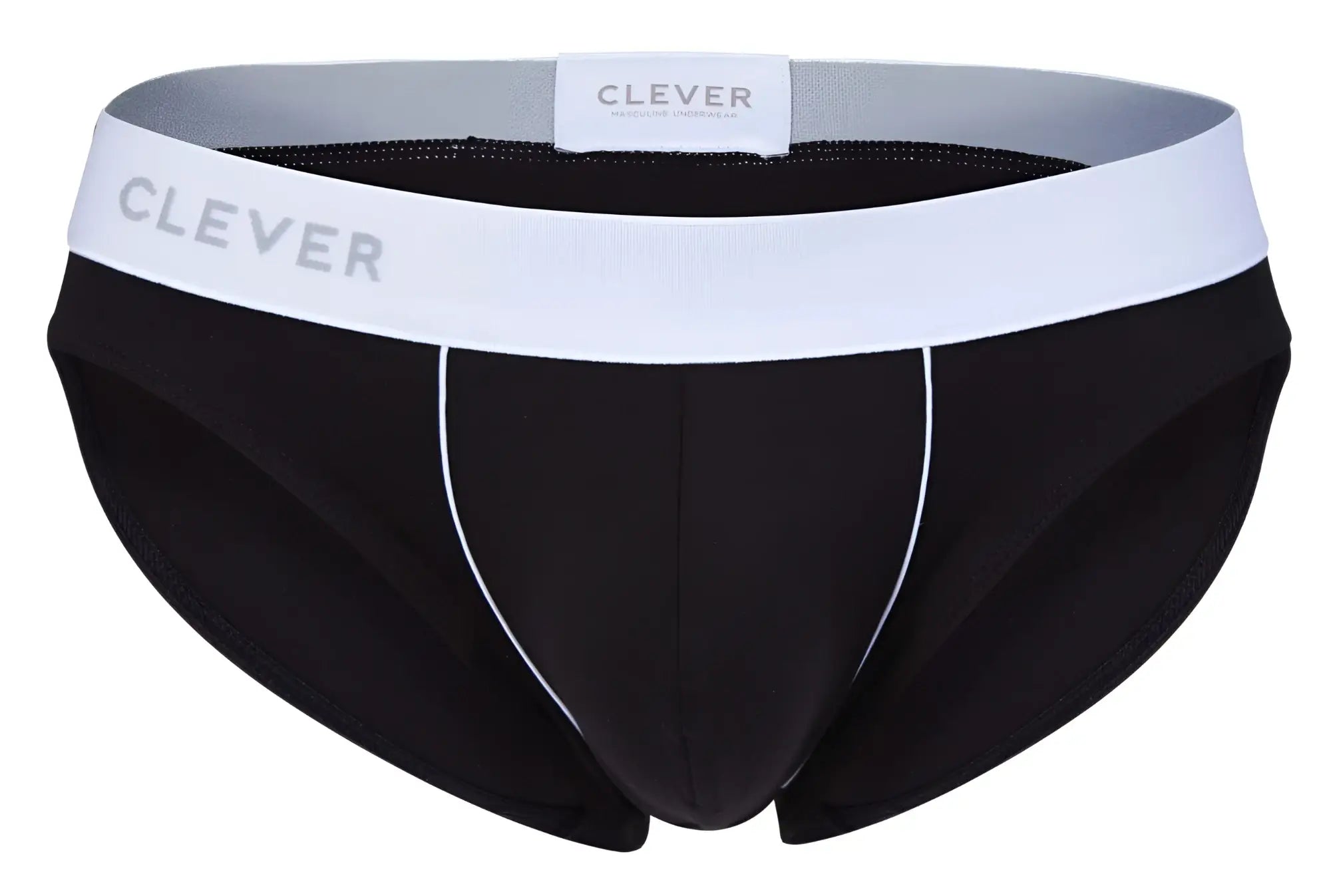 Black clever 2012 origen briefs with white waistband gray trim and subtle white stitching along the sides