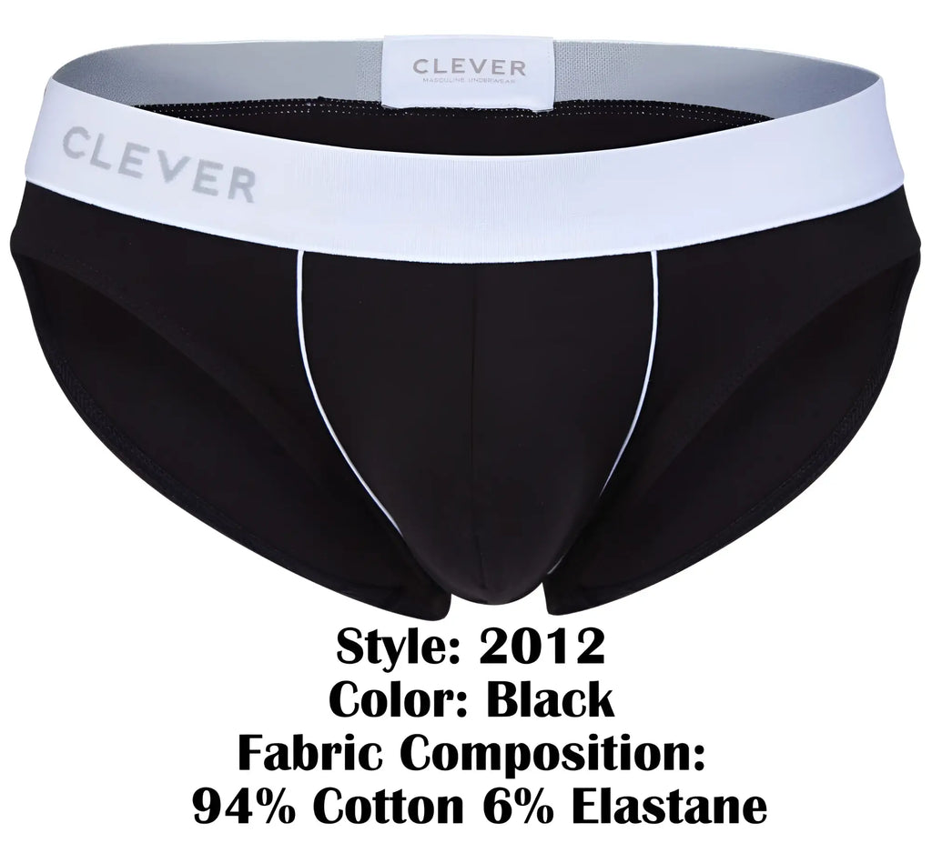 Black clever 2012 origen briefs with white waistband gray lettering and subtle white stitching on sides