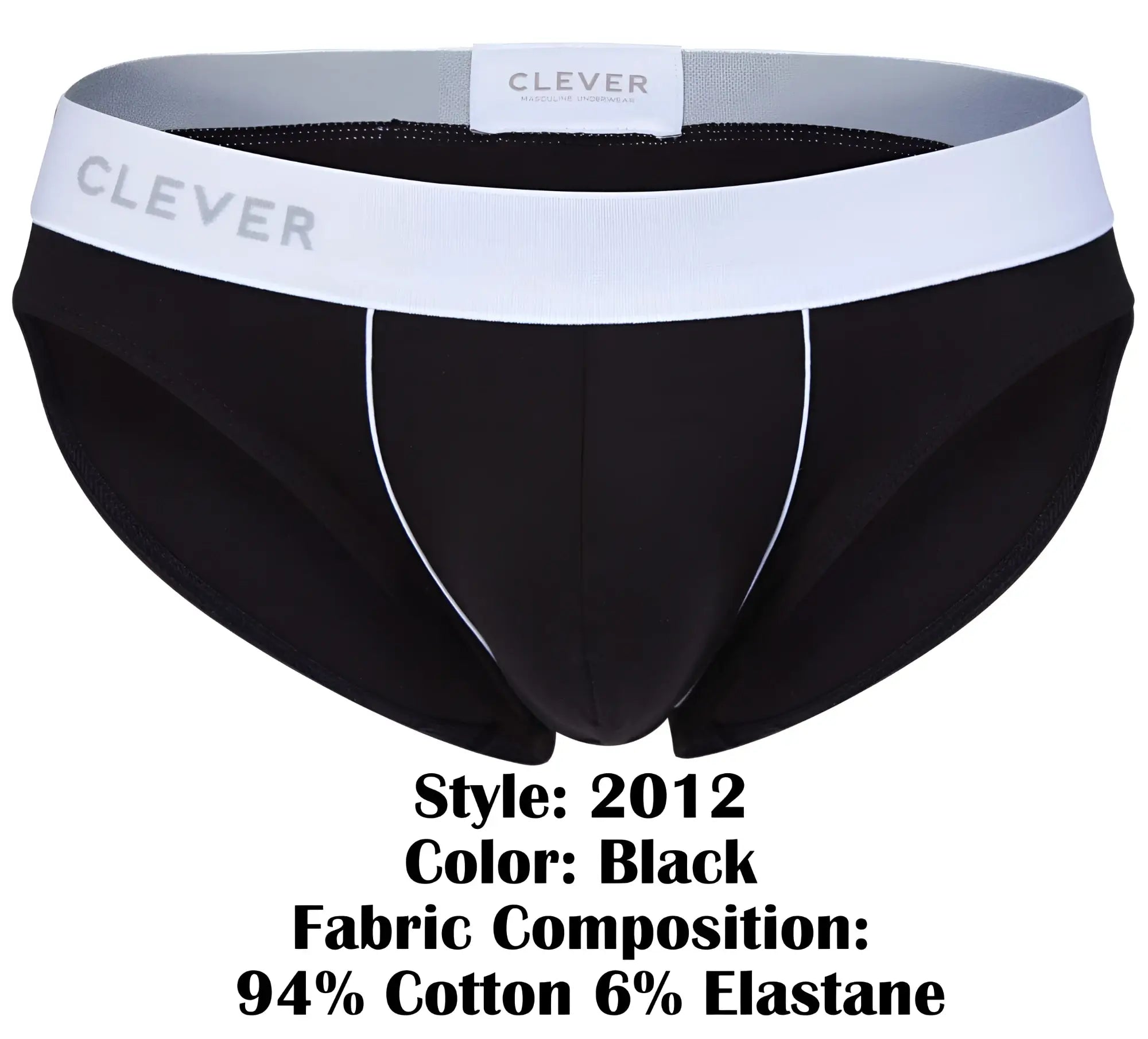 Black clever 2012 origen briefs with white waistband gray lettering and subtle white stitching on sides
