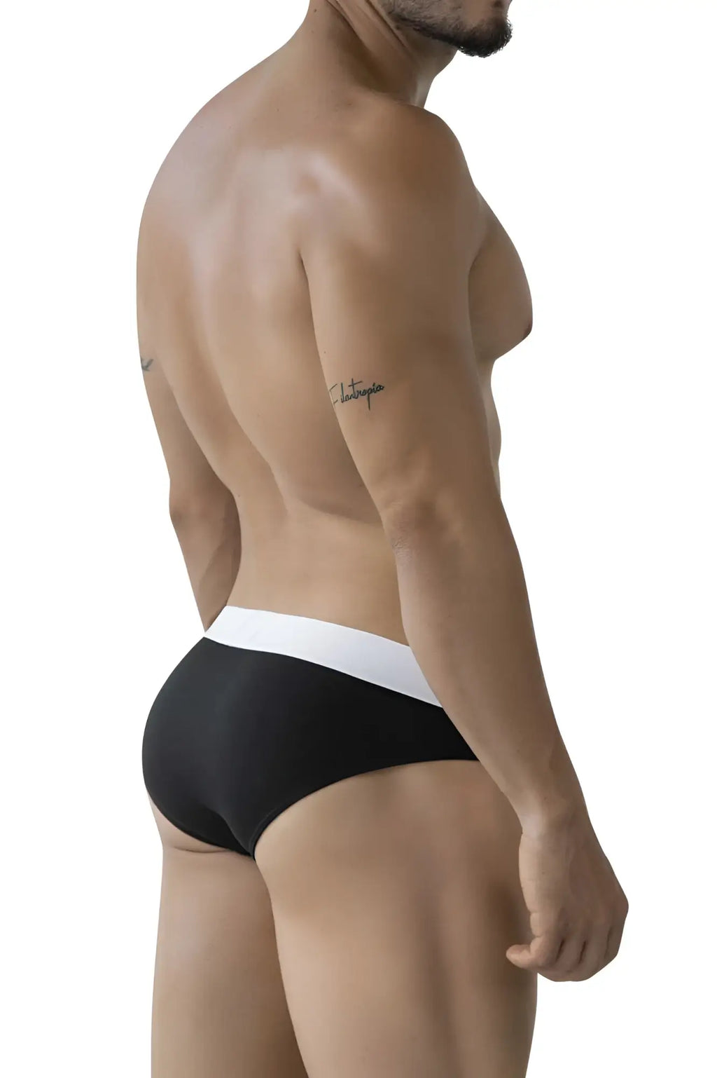 Black clever 2012 origen briefs featuring a contrasting white waistband in front view