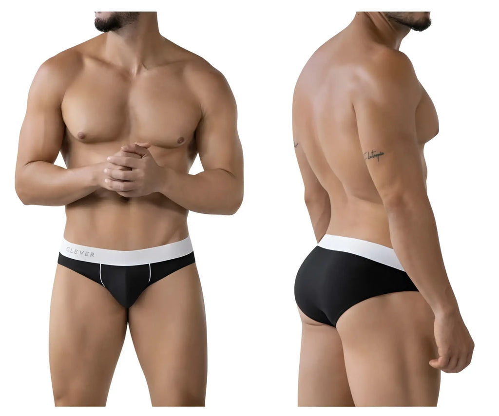 Black clever 2012 origen briefs with a white waistband featuring clever brand name in black lettering