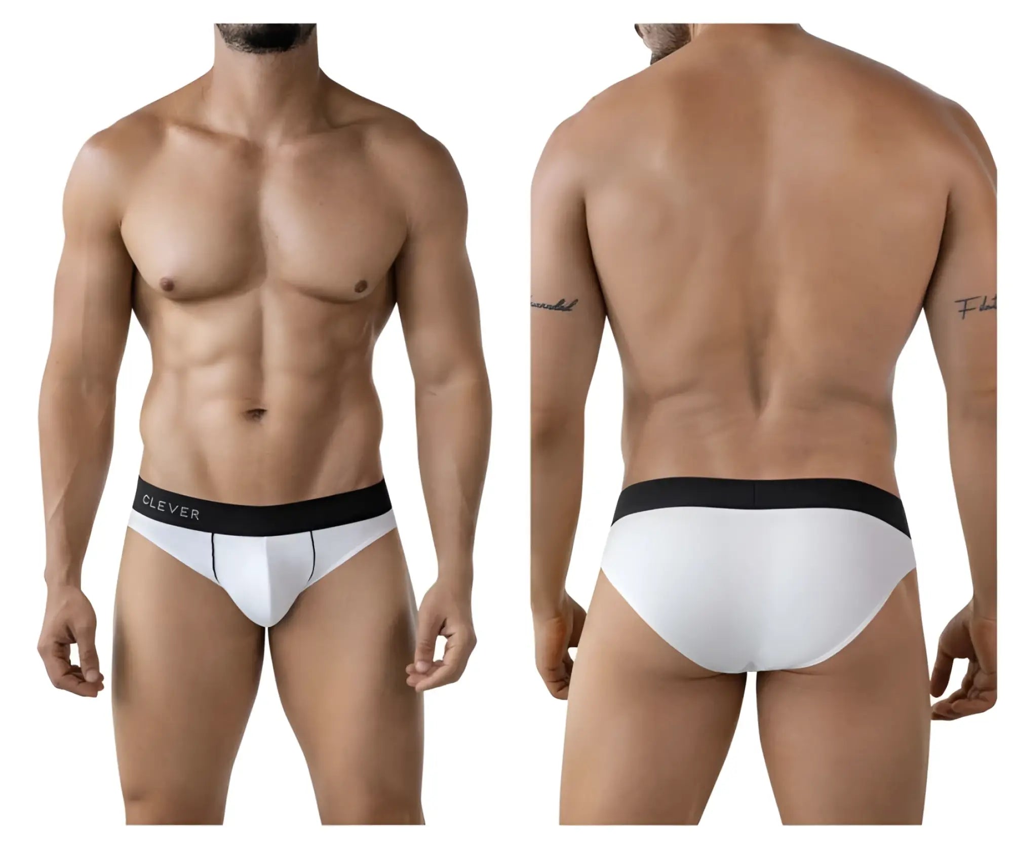 White briefs with a black waistband featuring clever branding in white lettering from the clever 2012 origen collection