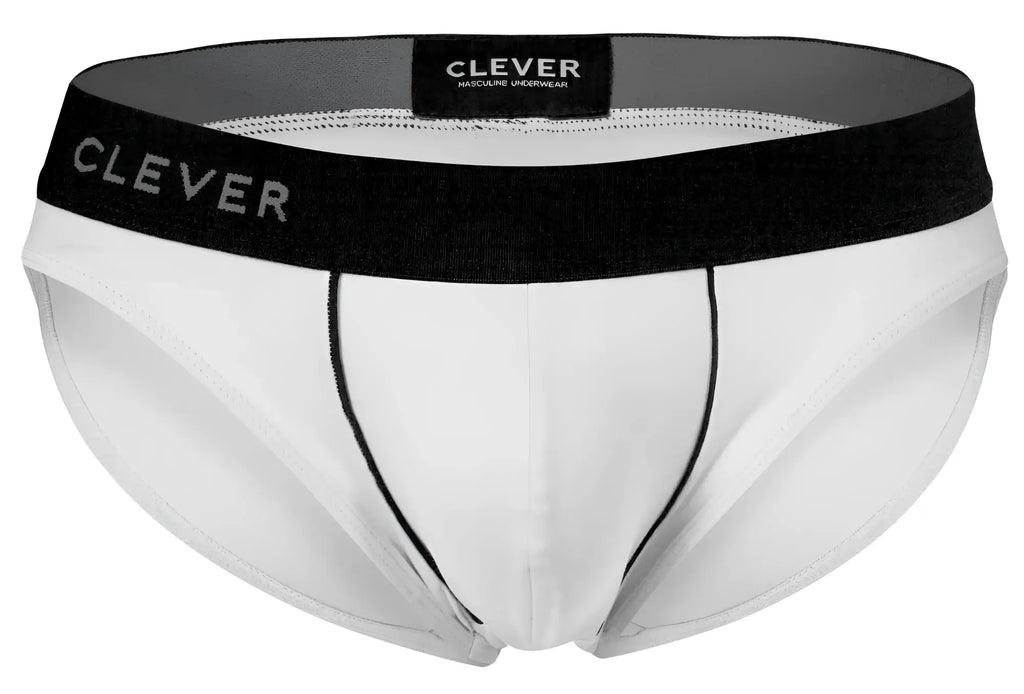 White clever 2012 origen briefs with black elastic waistband and gray logo lettering for men
