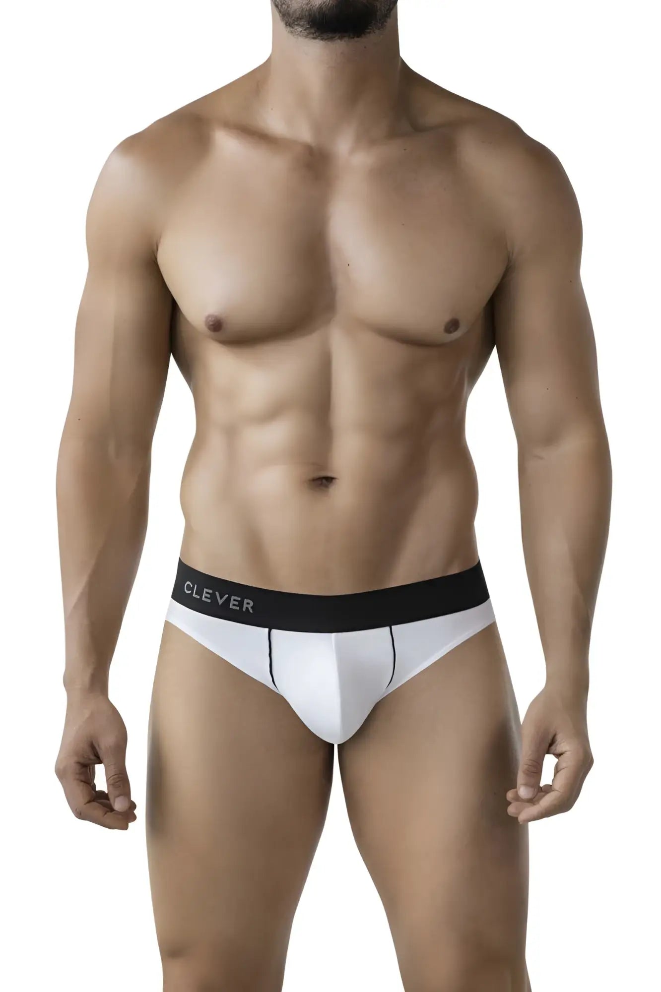 White clever 2012 origen men’s briefs with black waistband and white logo lettering suitable for everyday wear