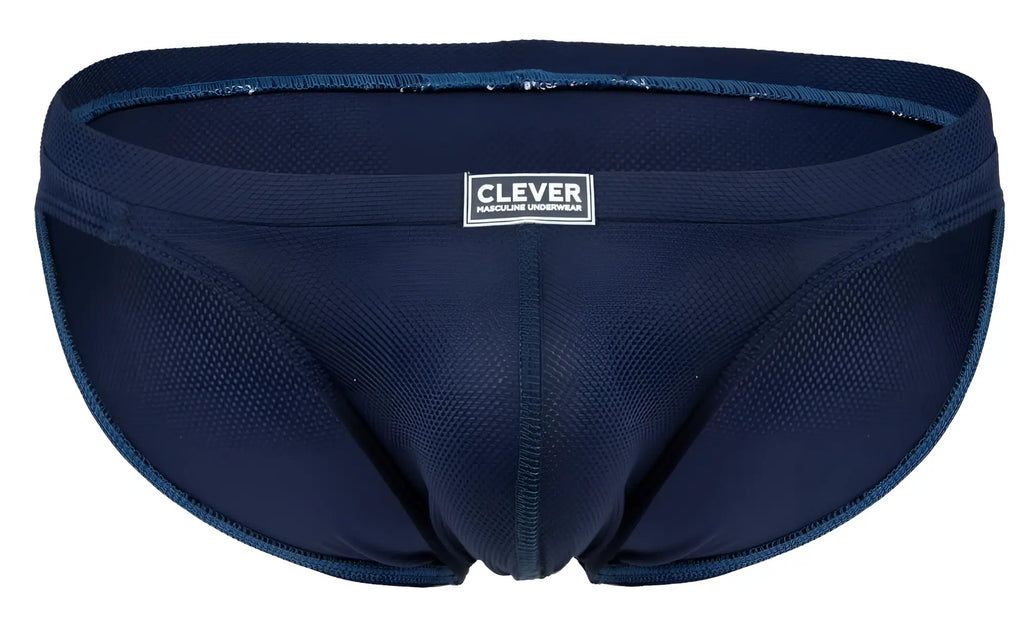 Navy blue mesh clever 2014 reto briefs with a white label on the waistband for comfortable underwear wear