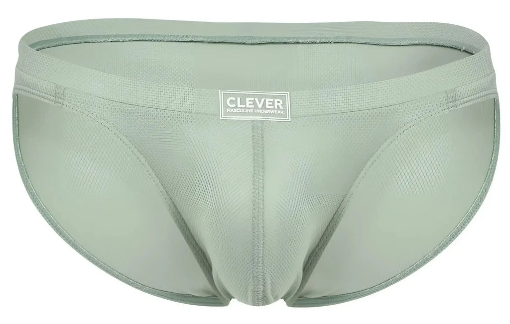 A sleek light sage green clever 2014 reto men’s brief with smooth textured fabric and subtle stitching details