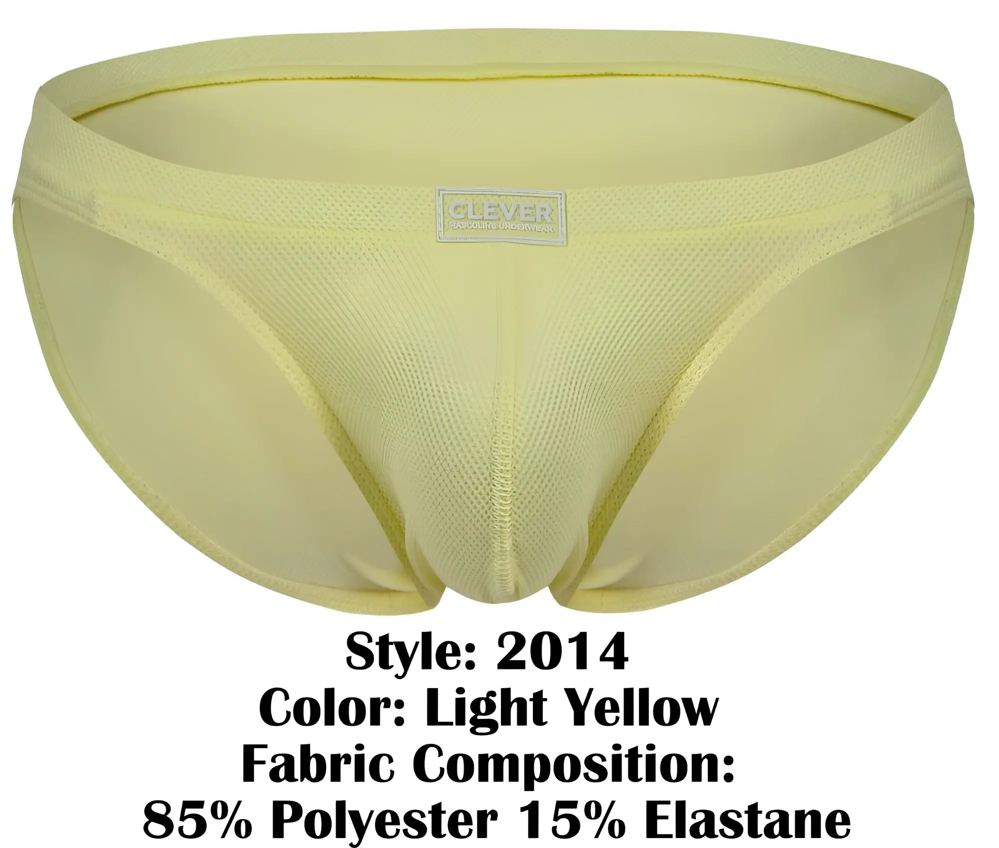 Light yellow clever 2014 reto briefs made of 85% polyester 15% elastane with subtle textured weave and branded label