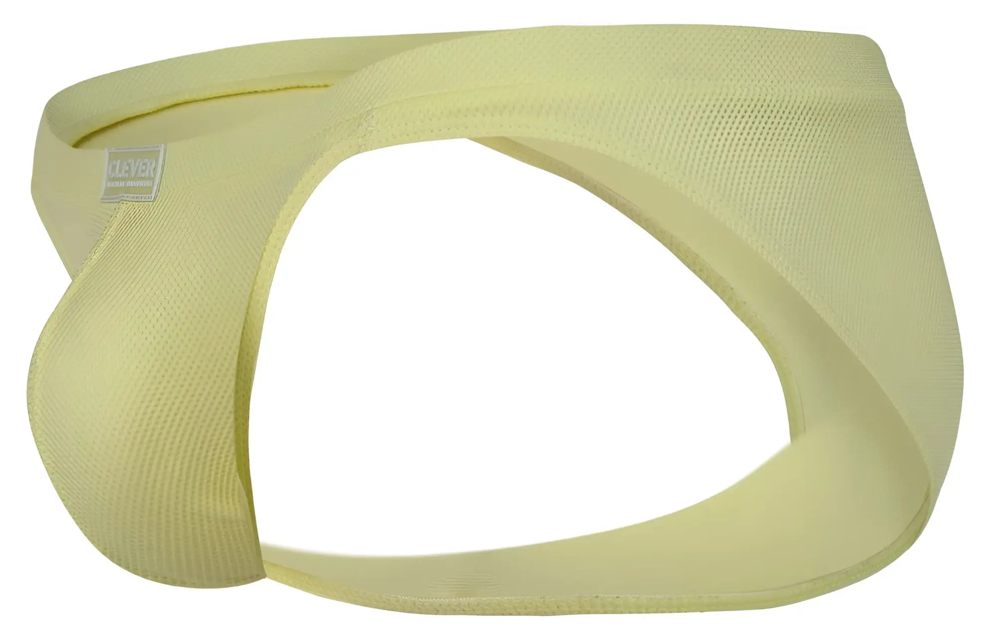 Light yellow ribbed fabric briefs with contoured design and small Clever brand tag on the side