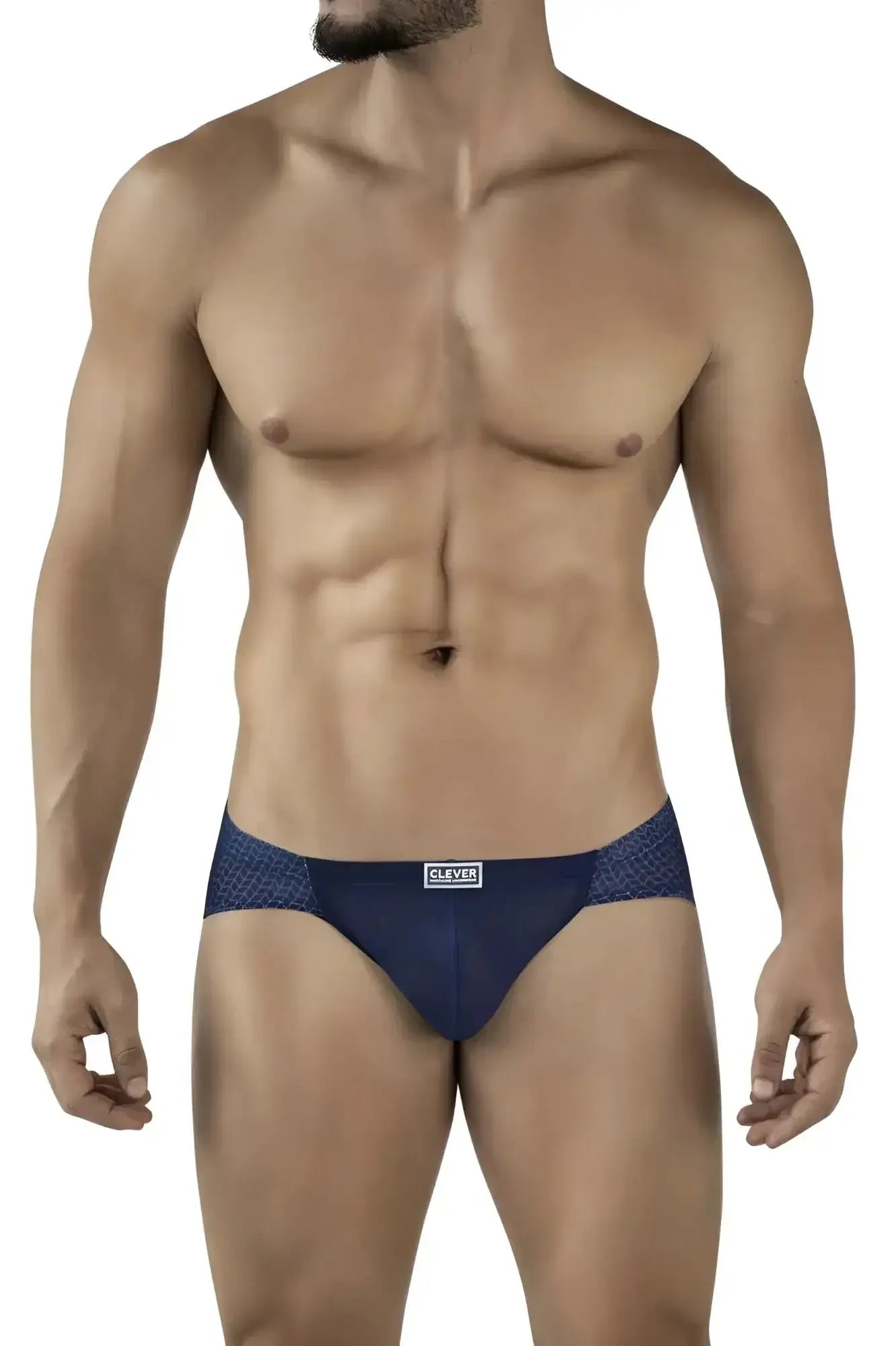 Navy blue clever 2016 mosaico briefs with a subtle textured design and small white clever brand label on the front