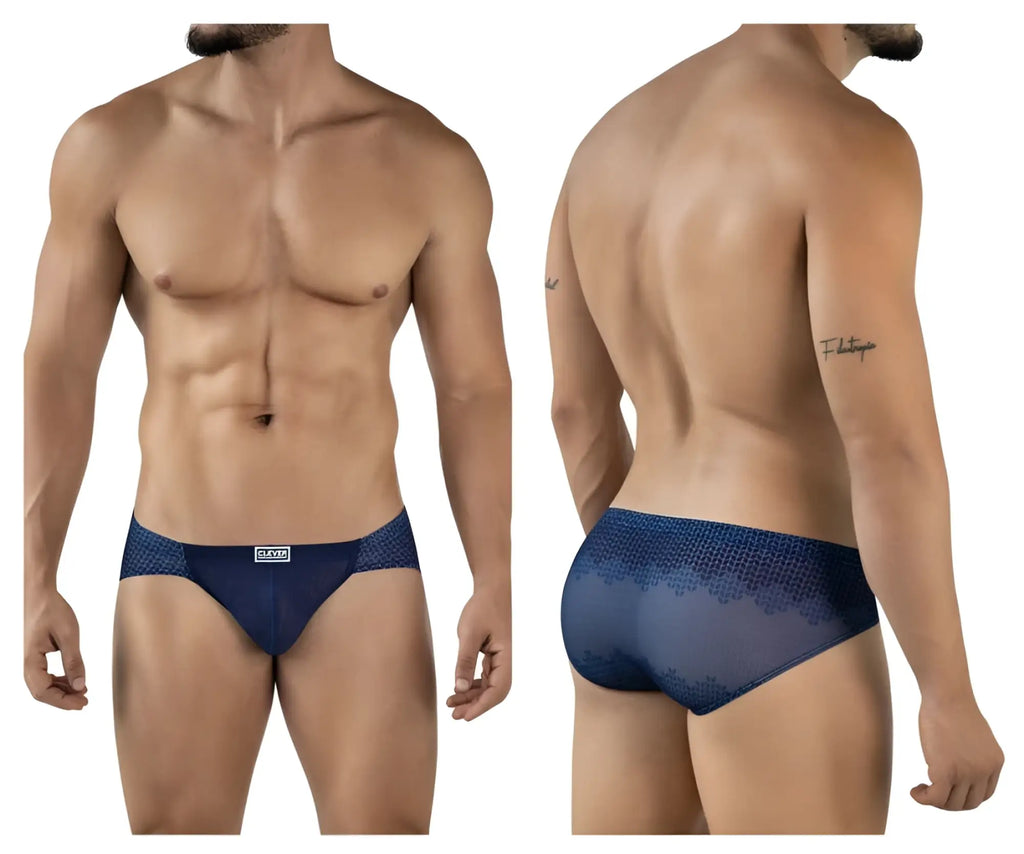 Navy blue mesh briefs with subtle geometric pattern and small brand logo on the waistband clever 2016 mosaico briefs