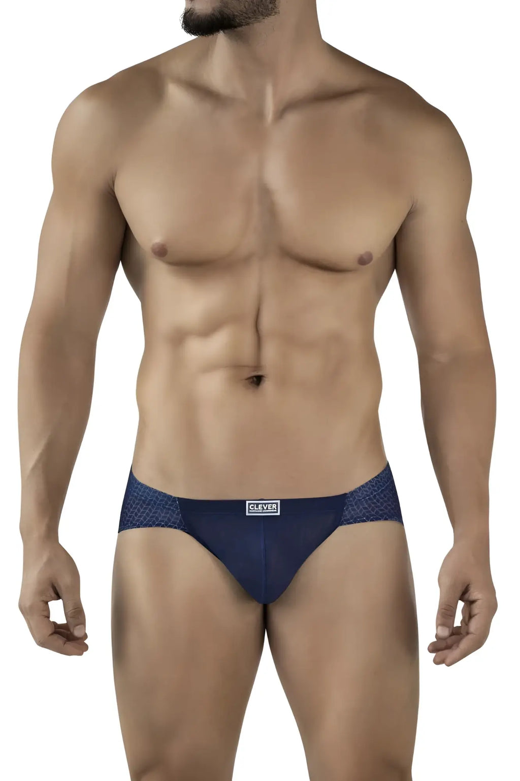 Navy blue clever 2016 mosaico briefs with a subtle textured design and small white clever brand label on the front