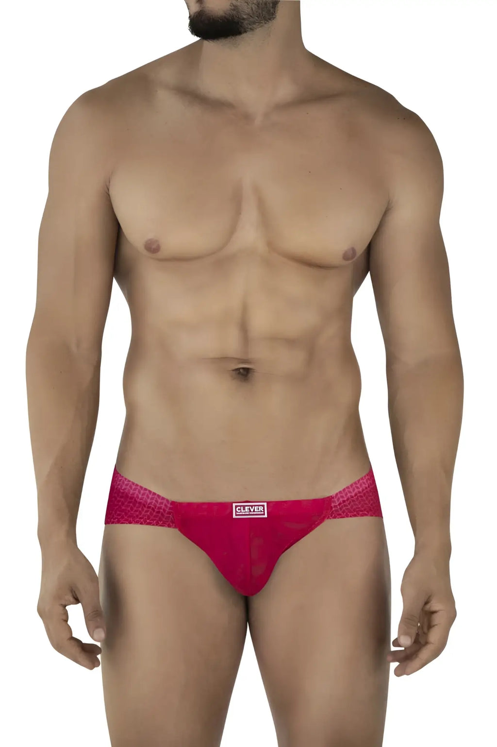 Bright pink textured briefs with subtle pattern and clever brand label on waistband from clever 2016 mosaico briefs color red