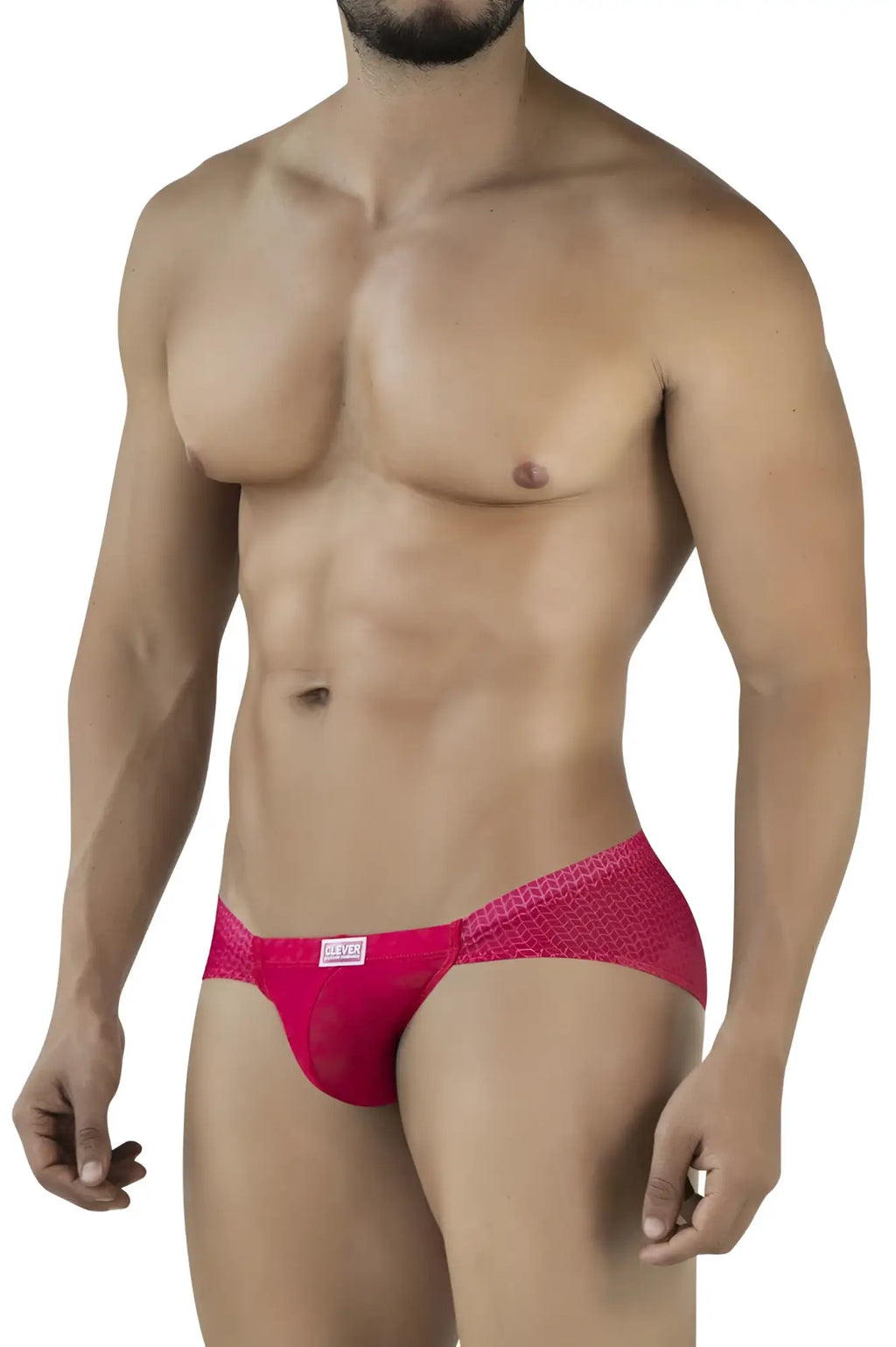 Bright pink clever 2016 mosaico briefs in textured mesh with subtle pattern and white brand tag at waistband