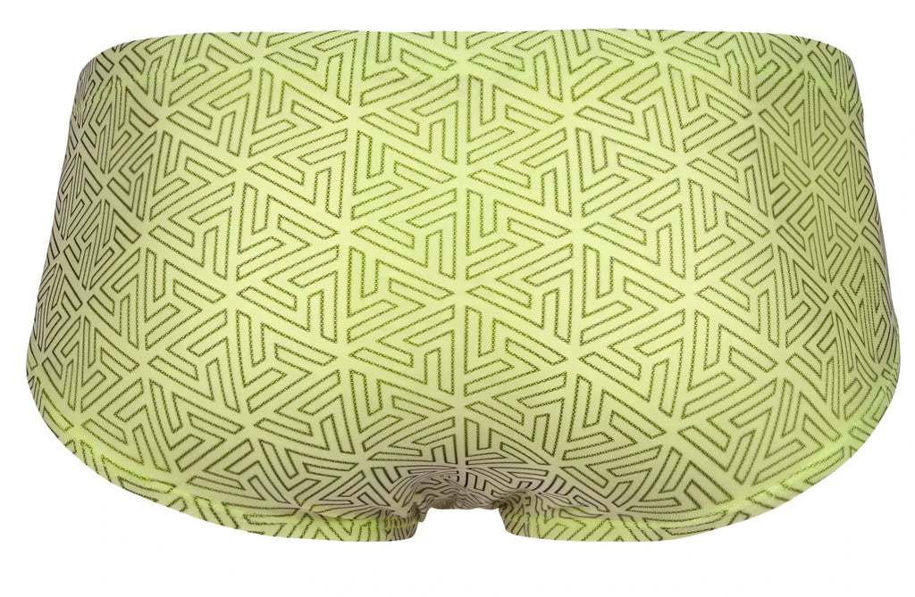 Lime green Clever 2017 neon briefs with dark olive geometric interlocking triangle pattern in soft breathable fabric