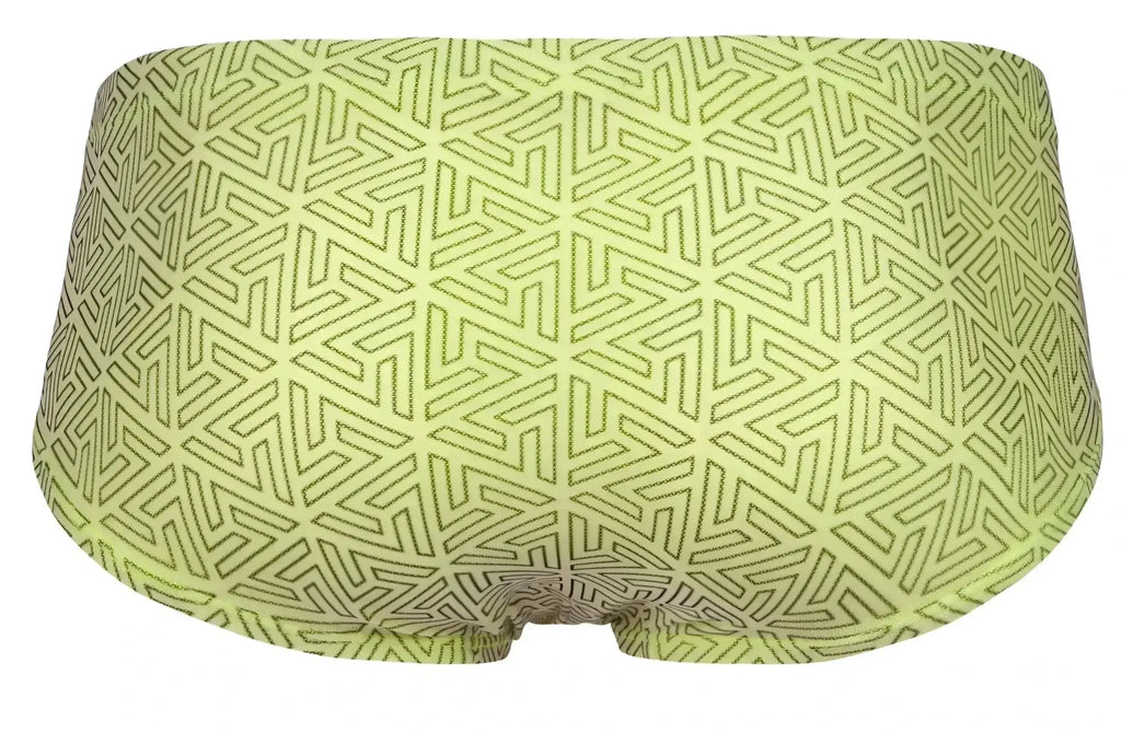 Lime green Clever 2017 neon briefs with dark olive geometric interlocking triangle pattern in soft breathable fabric