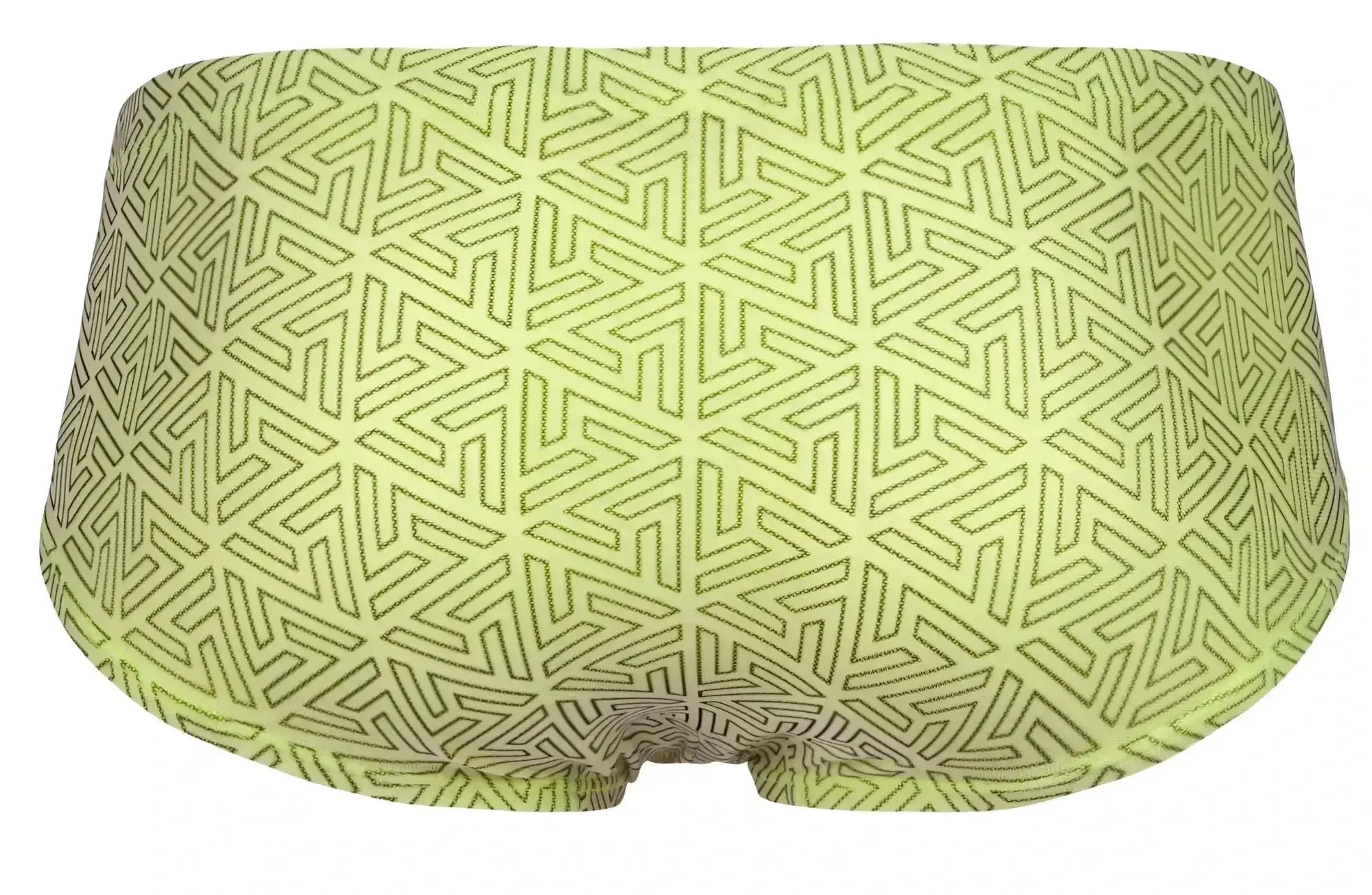 Lime green Clever 2017 neon briefs with dark olive geometric interlocking triangle pattern in soft breathable fabric