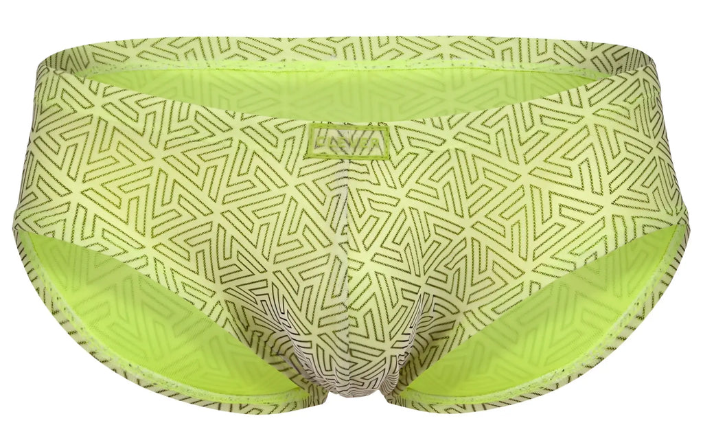 Clever 2017 neon briefs in lime green with geometric pattern and contrasting inner lining for swimwear use