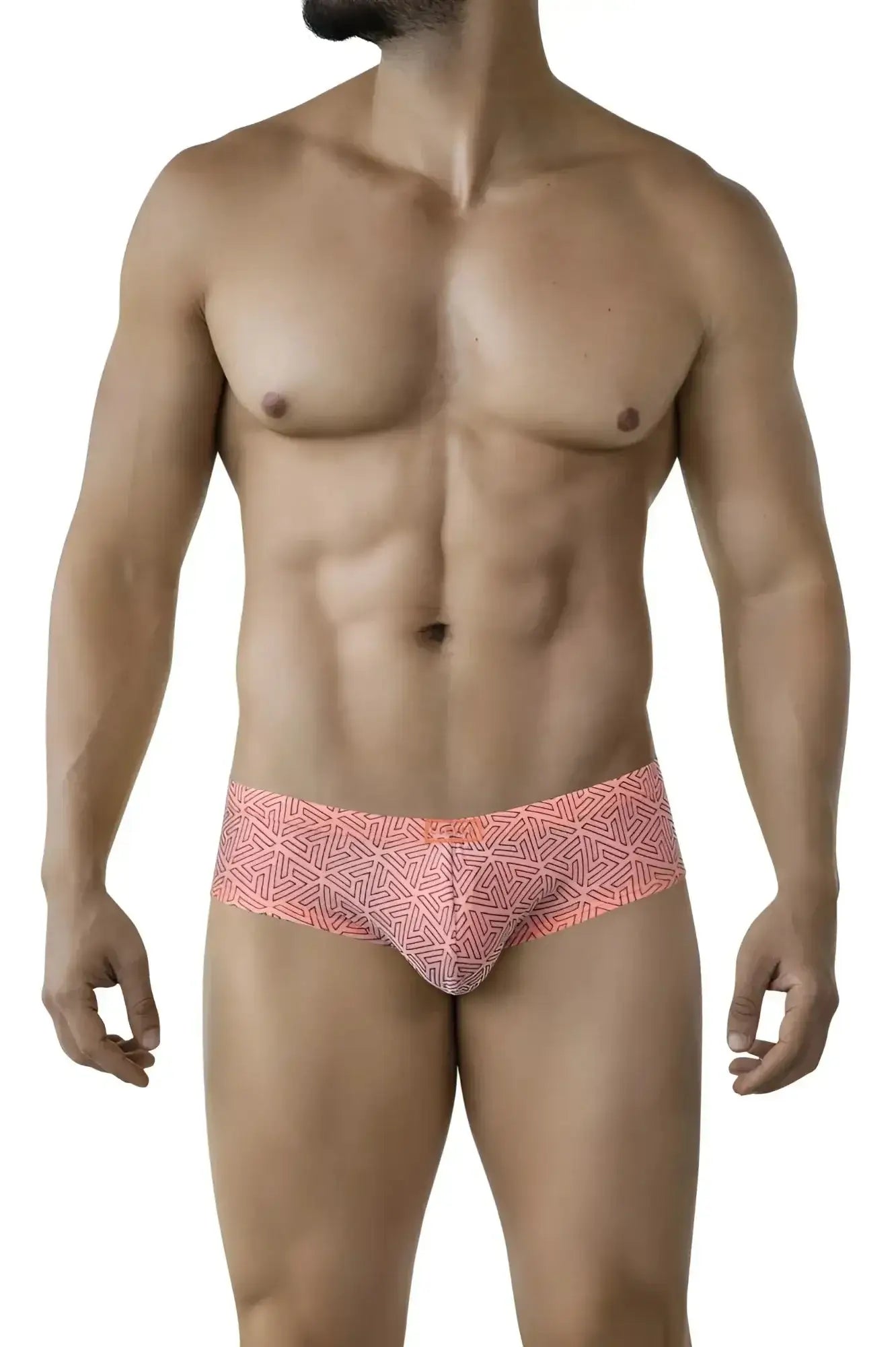 Coral-colored clever 2017 neon briefs with geometric pattern in orange showing front side