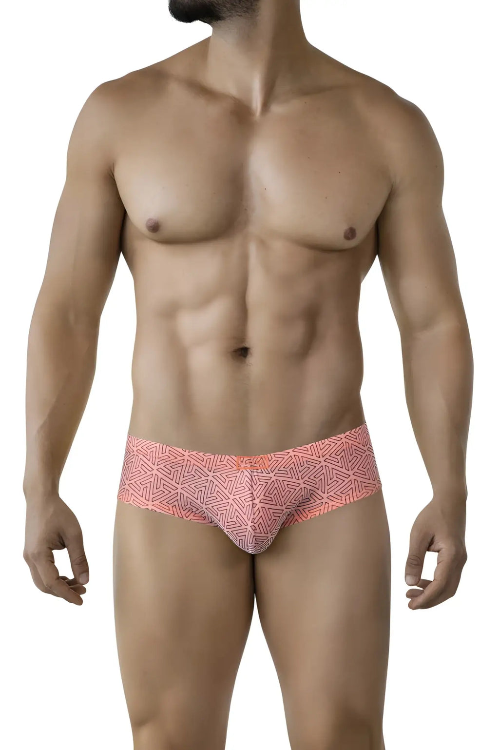 Coral-colored clever 2017 neon briefs with geometric pattern in orange showing front side