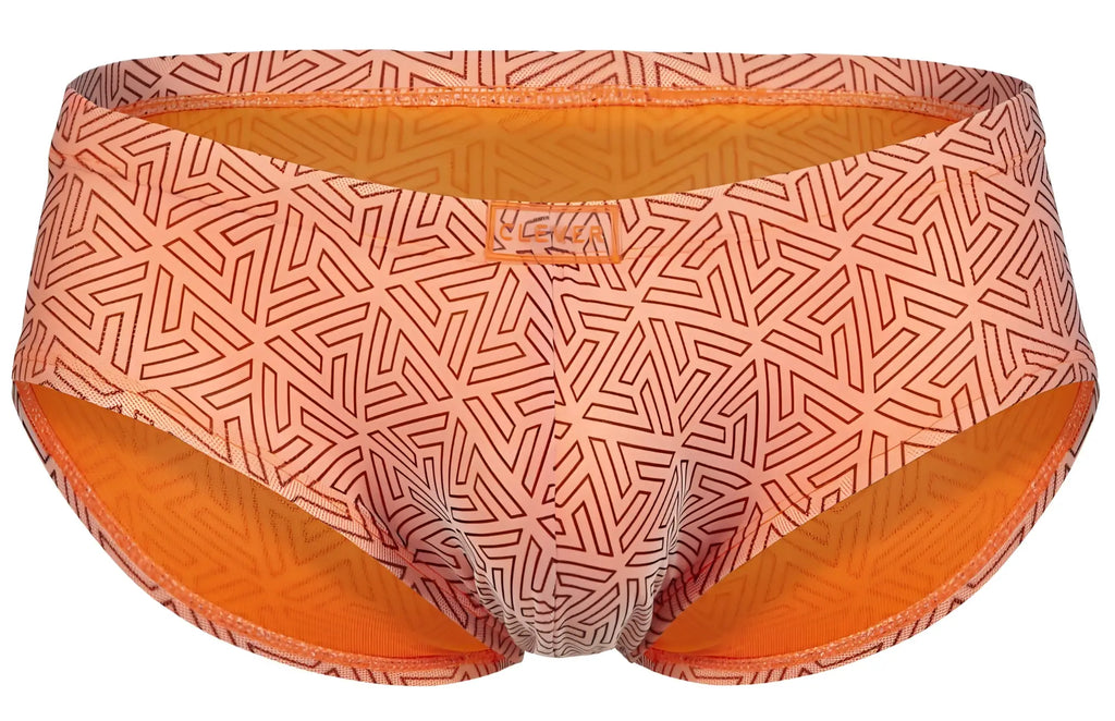 Clever 2017 neon briefs in orange swim trunks with peach geometric pattern and orange inner lining for swimming