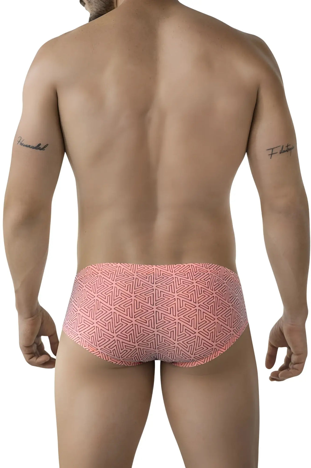 Pink patterned swim trunks with geometric design in clever 2017 neon briefs color orange for swimming use
