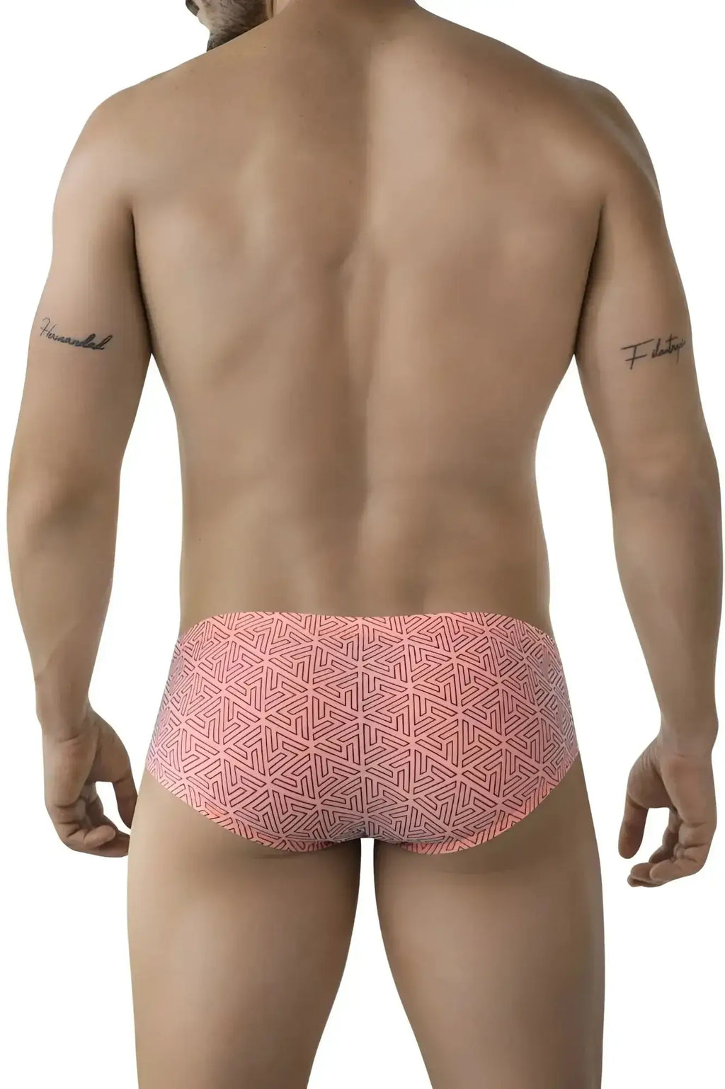Pink patterned swim trunks with geometric design in clever 2017 neon briefs color orange for swimming use