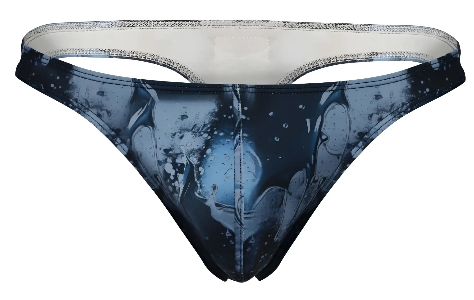 Blue and black abstract splash-patterned men’s thong with silver-trimmed waistband in clever 2020 galia thongs color dark blue