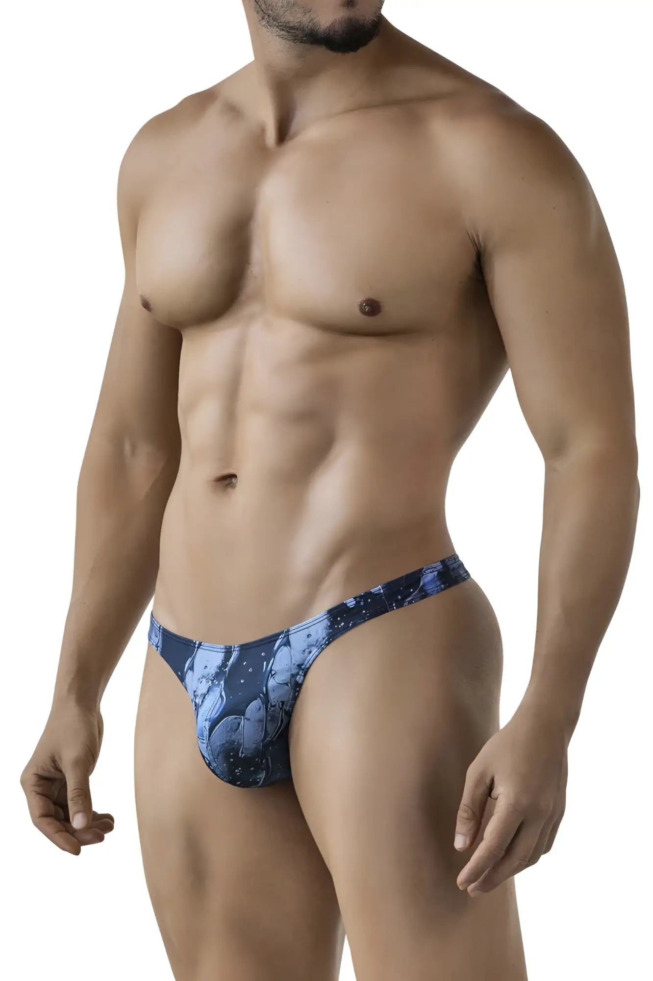 Blue patterned men’s thong with cosmic design in dark blue from clever 2020 galia thongs collection