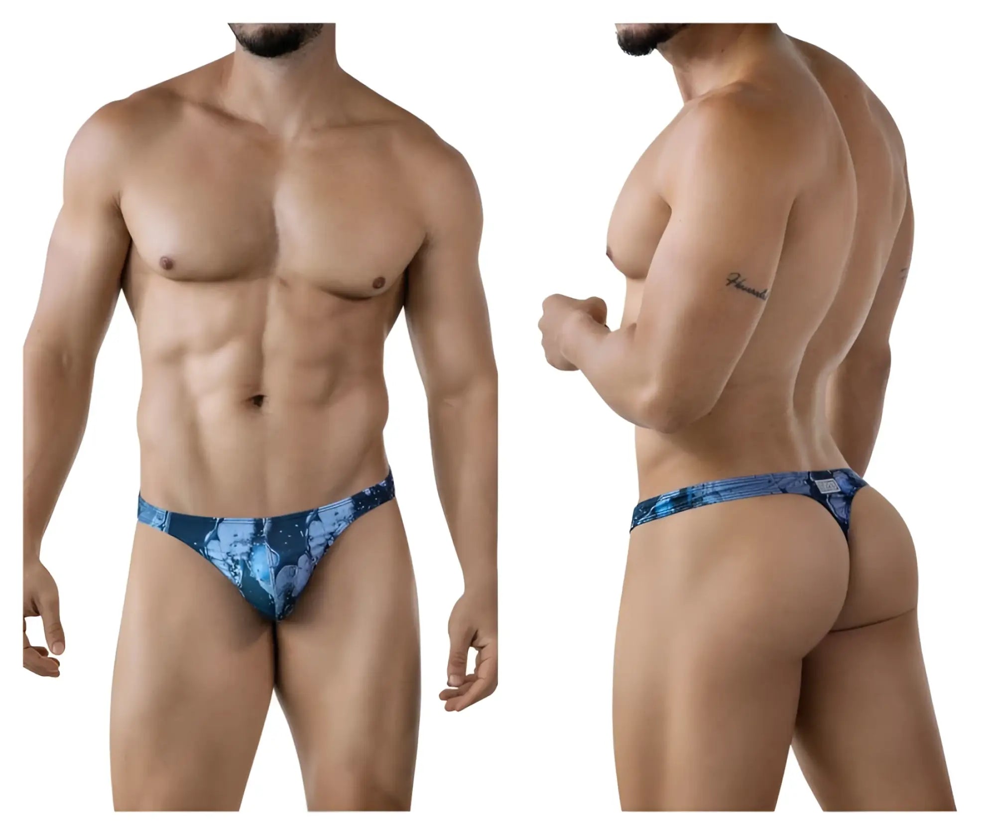 Blue patterned men’s thong with floral design from clever 2020 galia thongs in dark blue shown from front