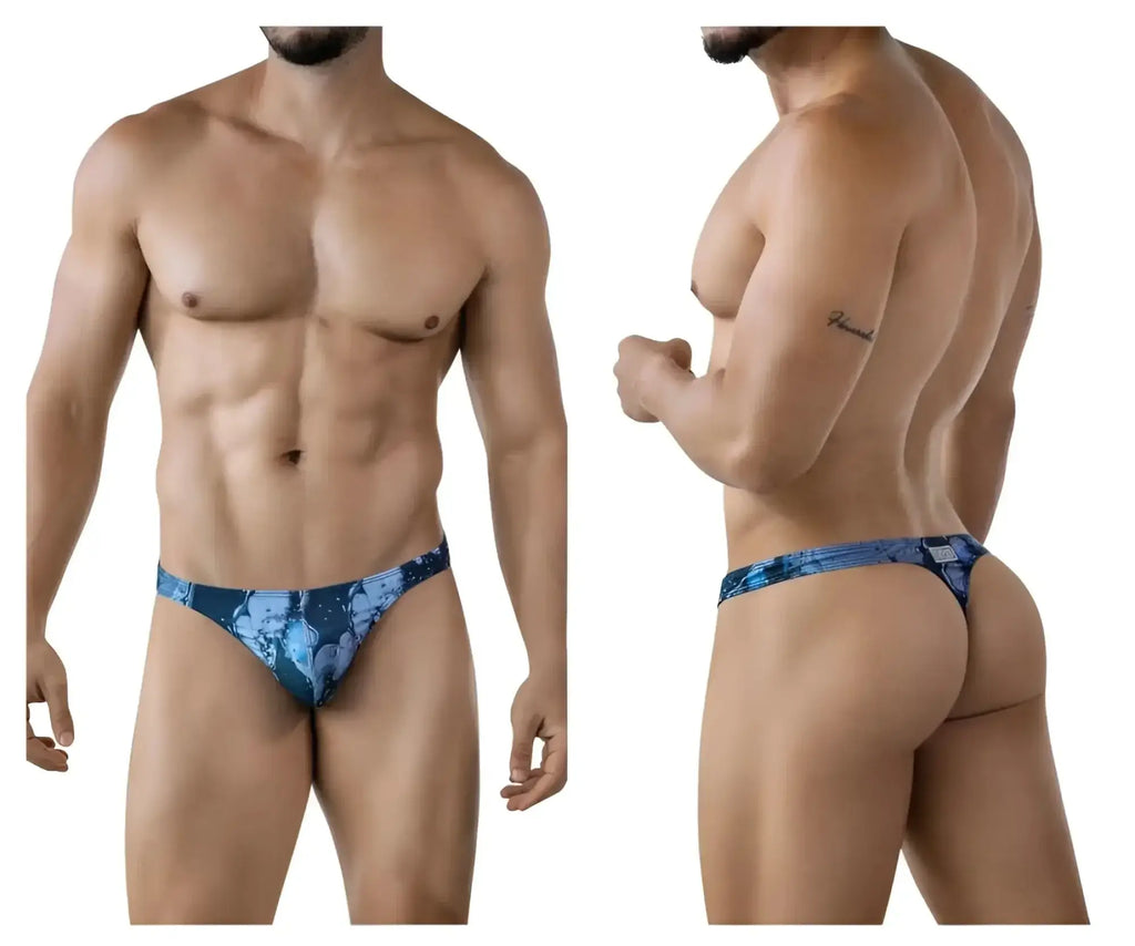 Blue patterned men’s thong with floral design from clever 2020 galia thongs in dark blue shown from front