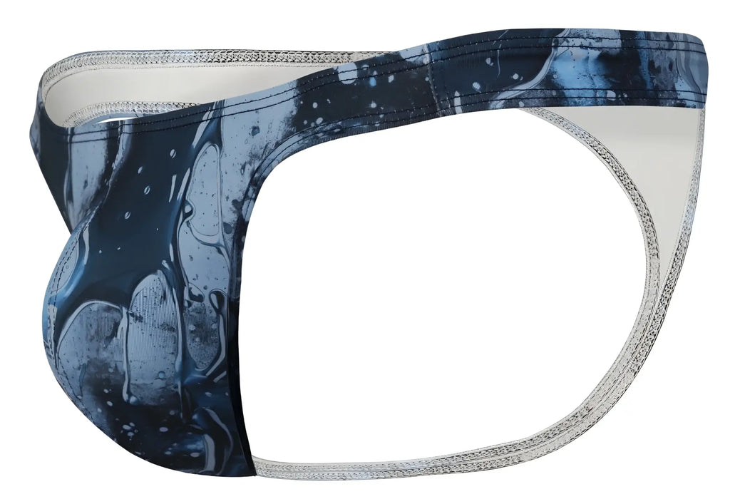 Blue and white abstract splash patterned clever 2020 galia thong with silver toned trim in dark blue color
