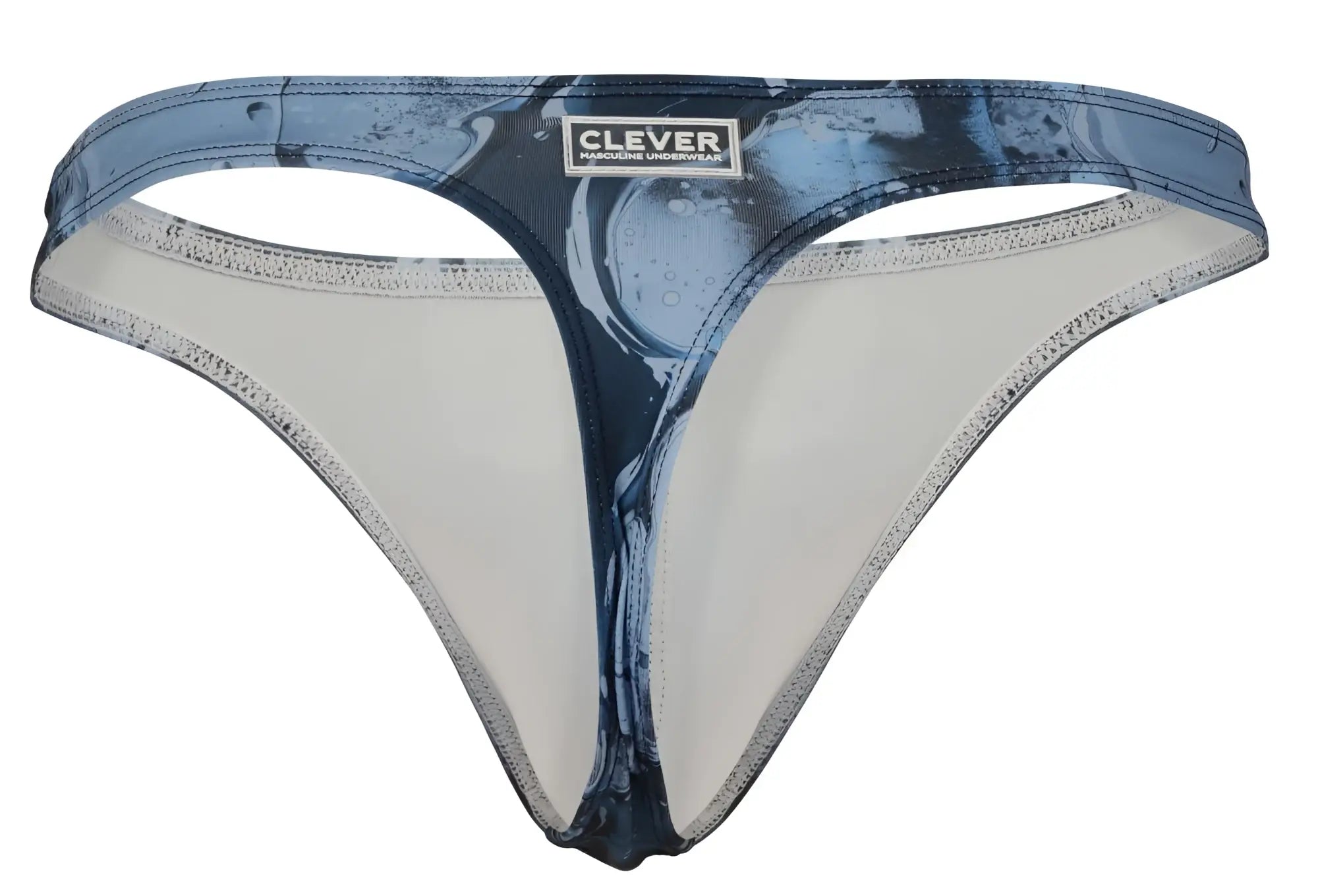 Blue and white patterned dark blue clever 2020 galia thong with branded waistband showing front side