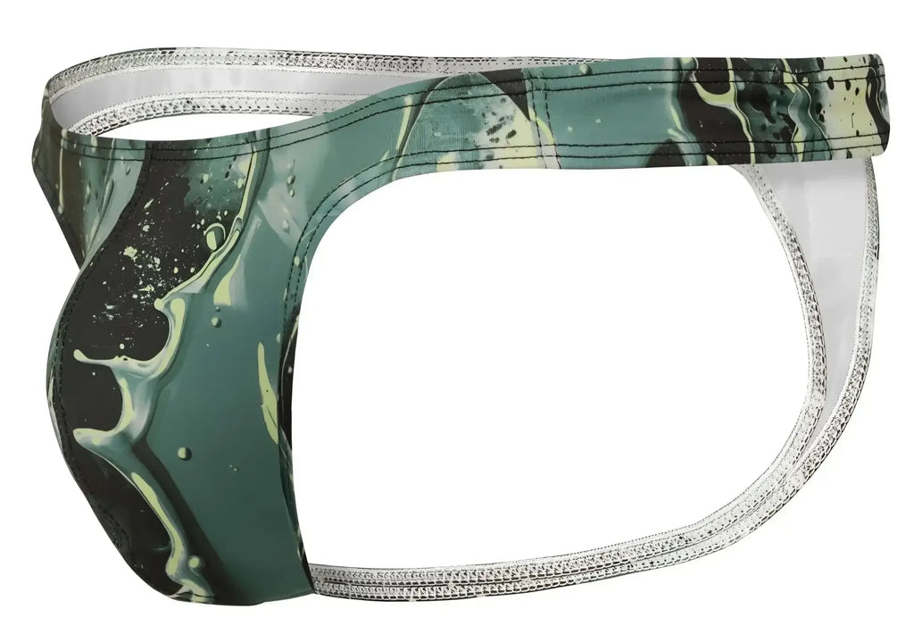 Green and black marbled patterned men’s briefs with silver zipper trim from clever 2020 galia thongs color green