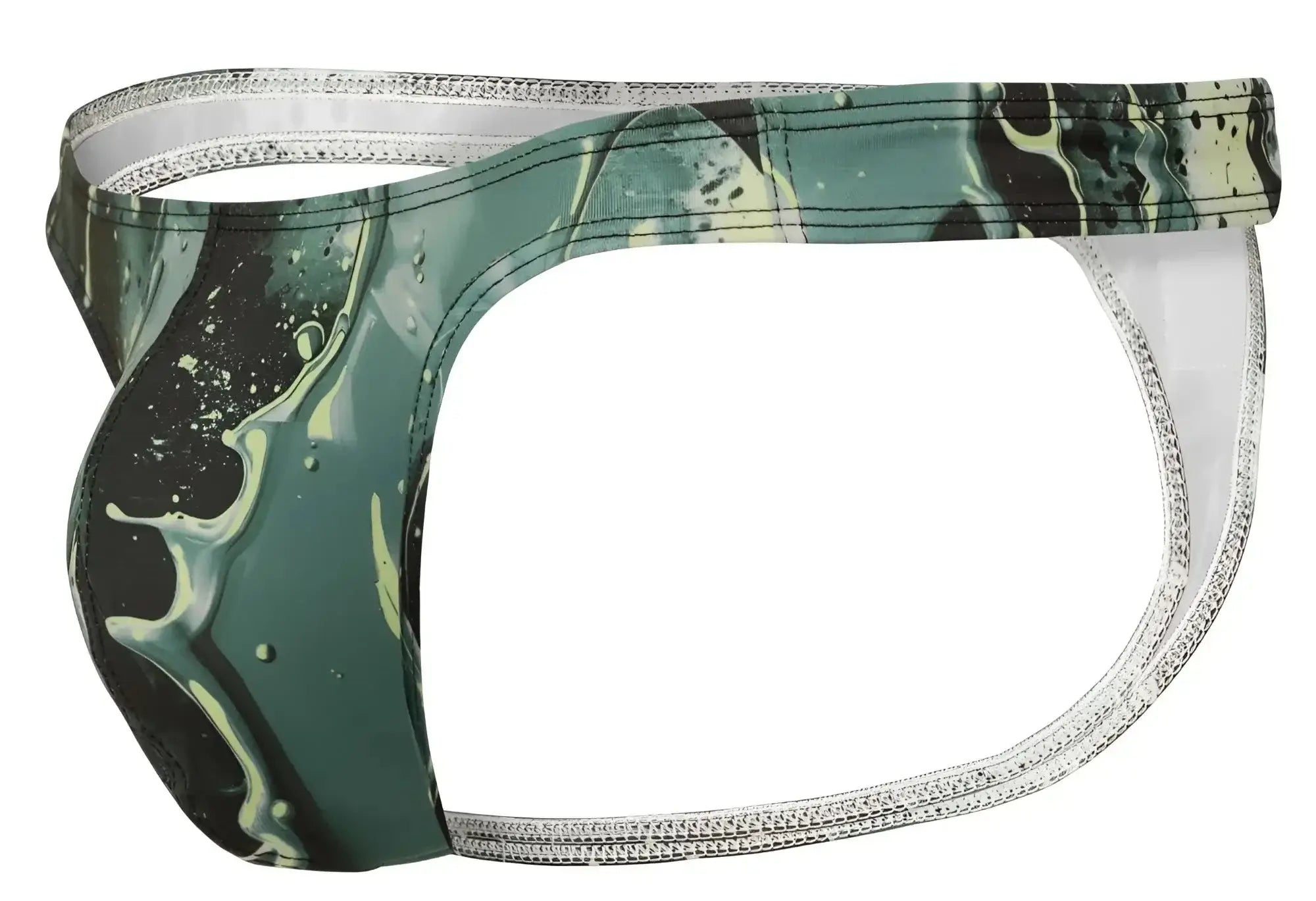Green and black marbled patterned men’s briefs with silver zipper trim from clever 2020 galia thongs color green