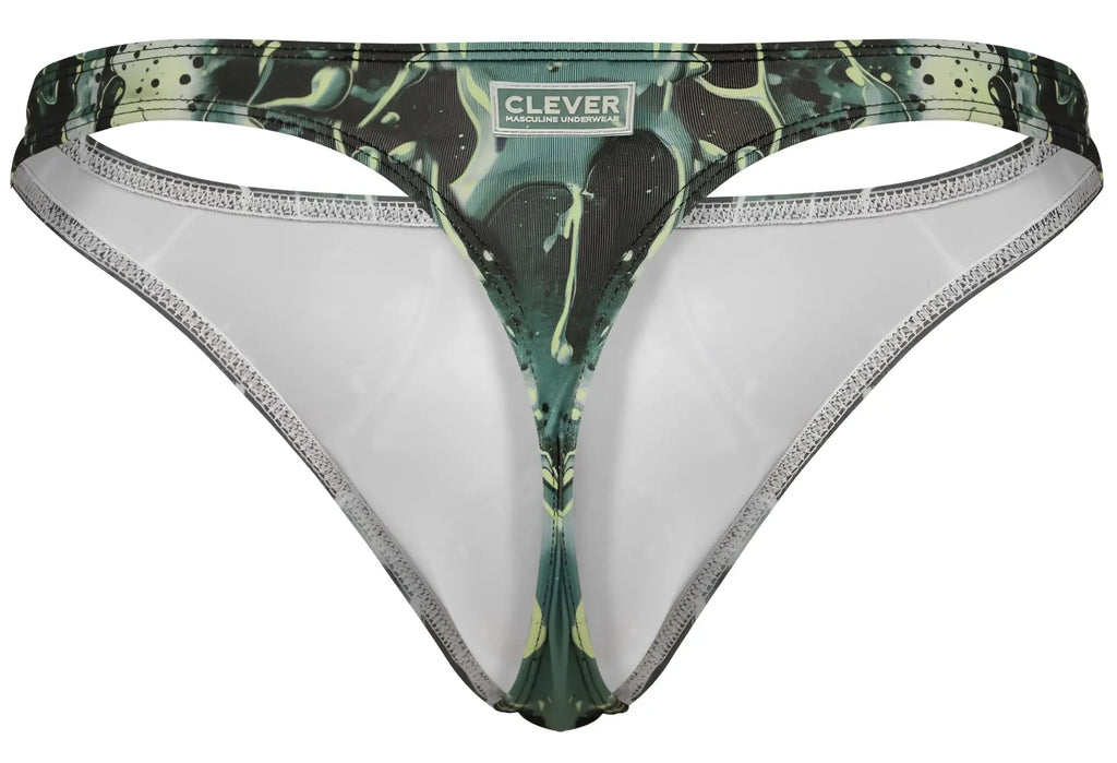 Green and black splatter-patterned Clever 2020 Galia thong with white interior lining showing front side view