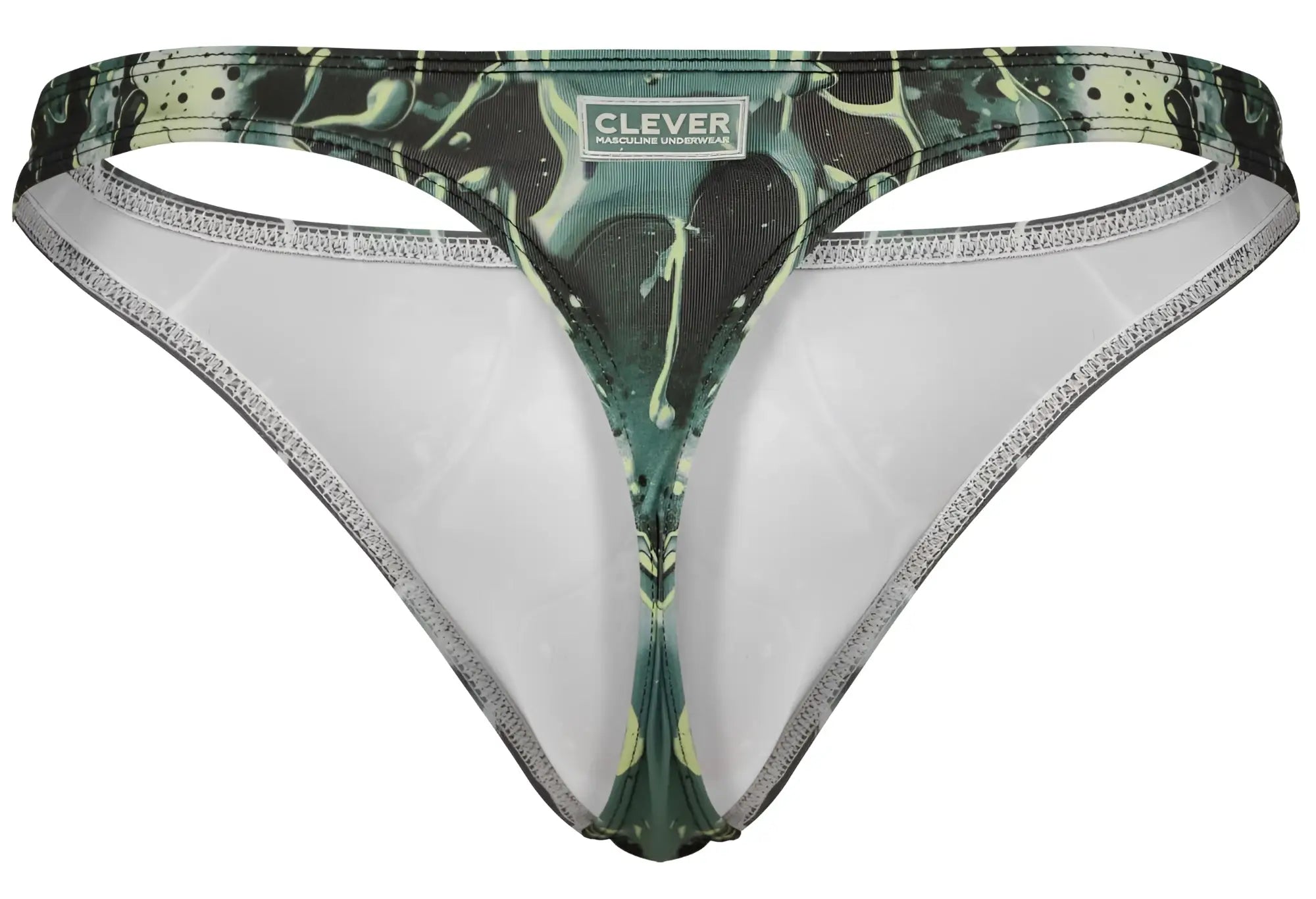 Green and black splatter-patterned Clever 2020 Galia thong with white interior lining showing front side view