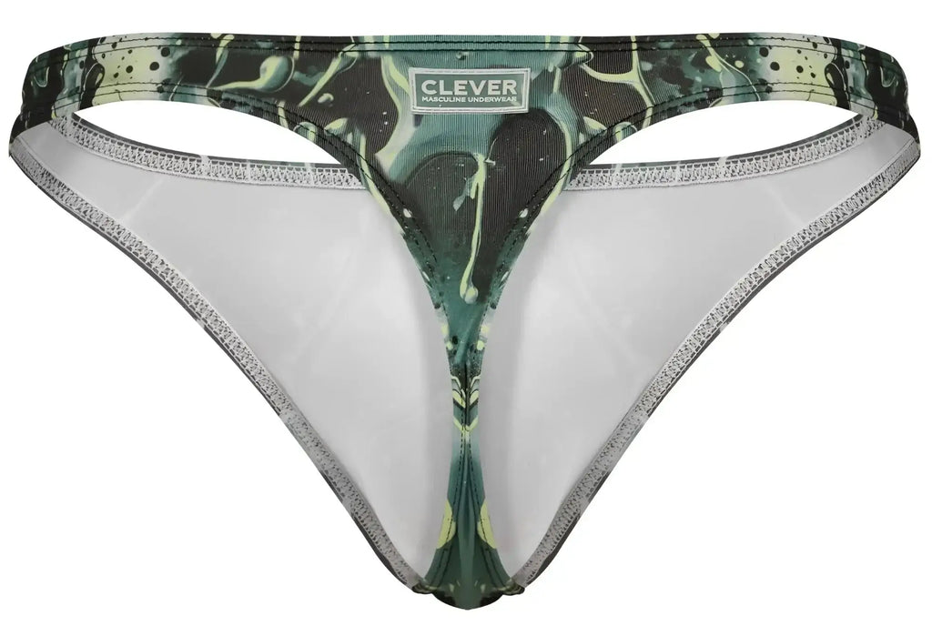 Green and black splatter-patterned Clever 2020 Galia thong with white interior lining showing front side view