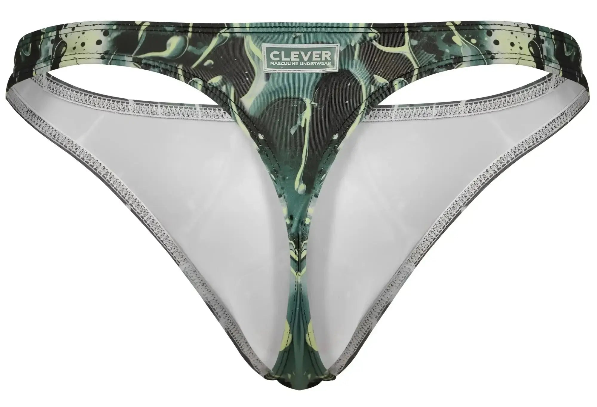 Green and black splatter-patterned Clever 2020 Galia thong with white interior lining showing front side view