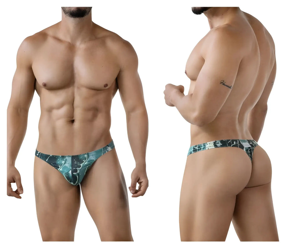 Men’s clever 2020 galia thong in green with teal and black patterned sleek modern design visible from the back side