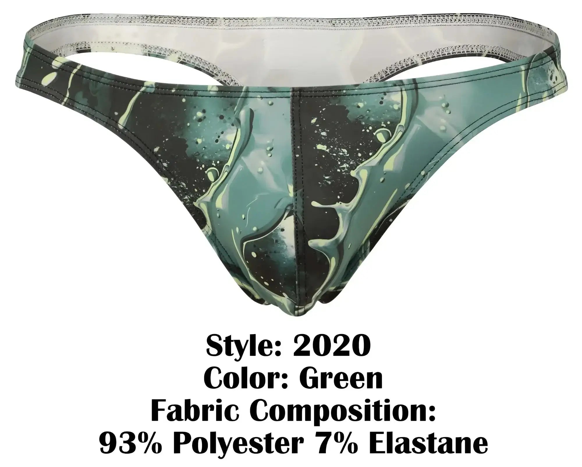 Green clever 2020 galia thong featuring a teal and black marbled water-like pattern in a stretchy fabric