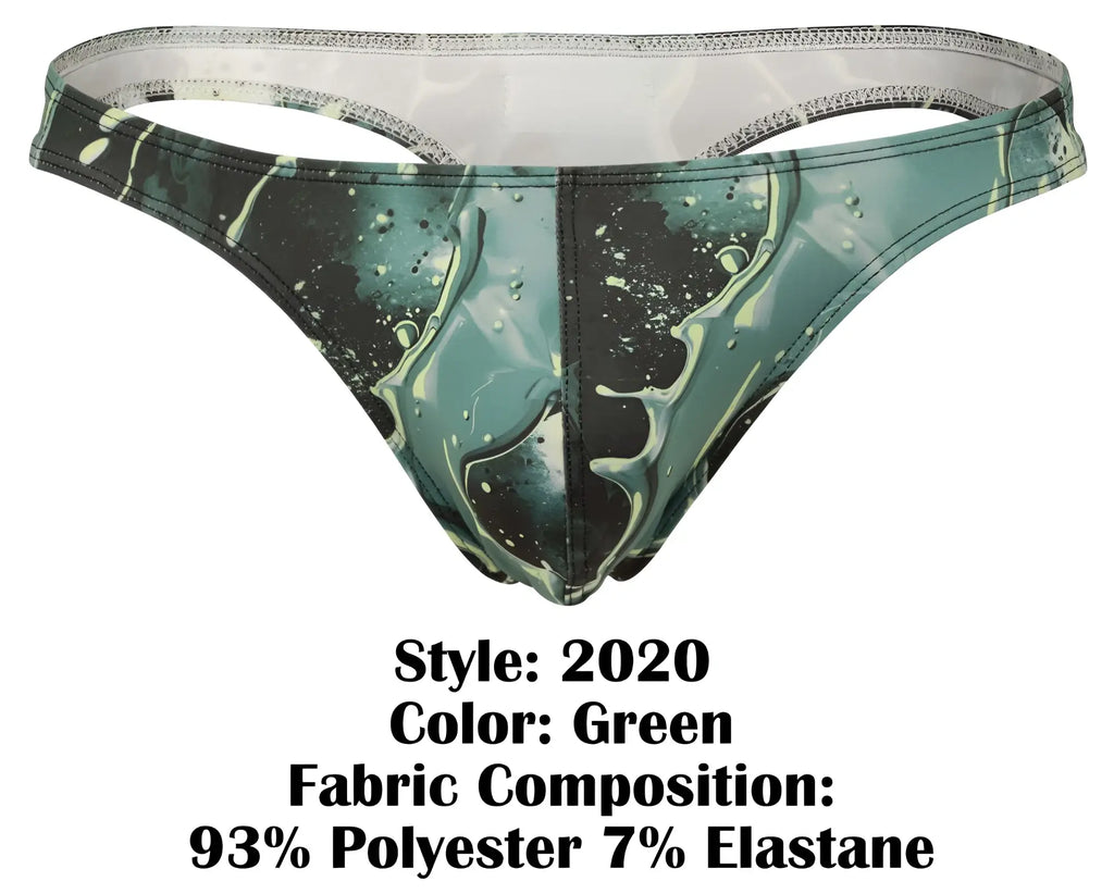 Green clever 2020 galia thong featuring a teal and black marbled water-like pattern in a stretchy fabric