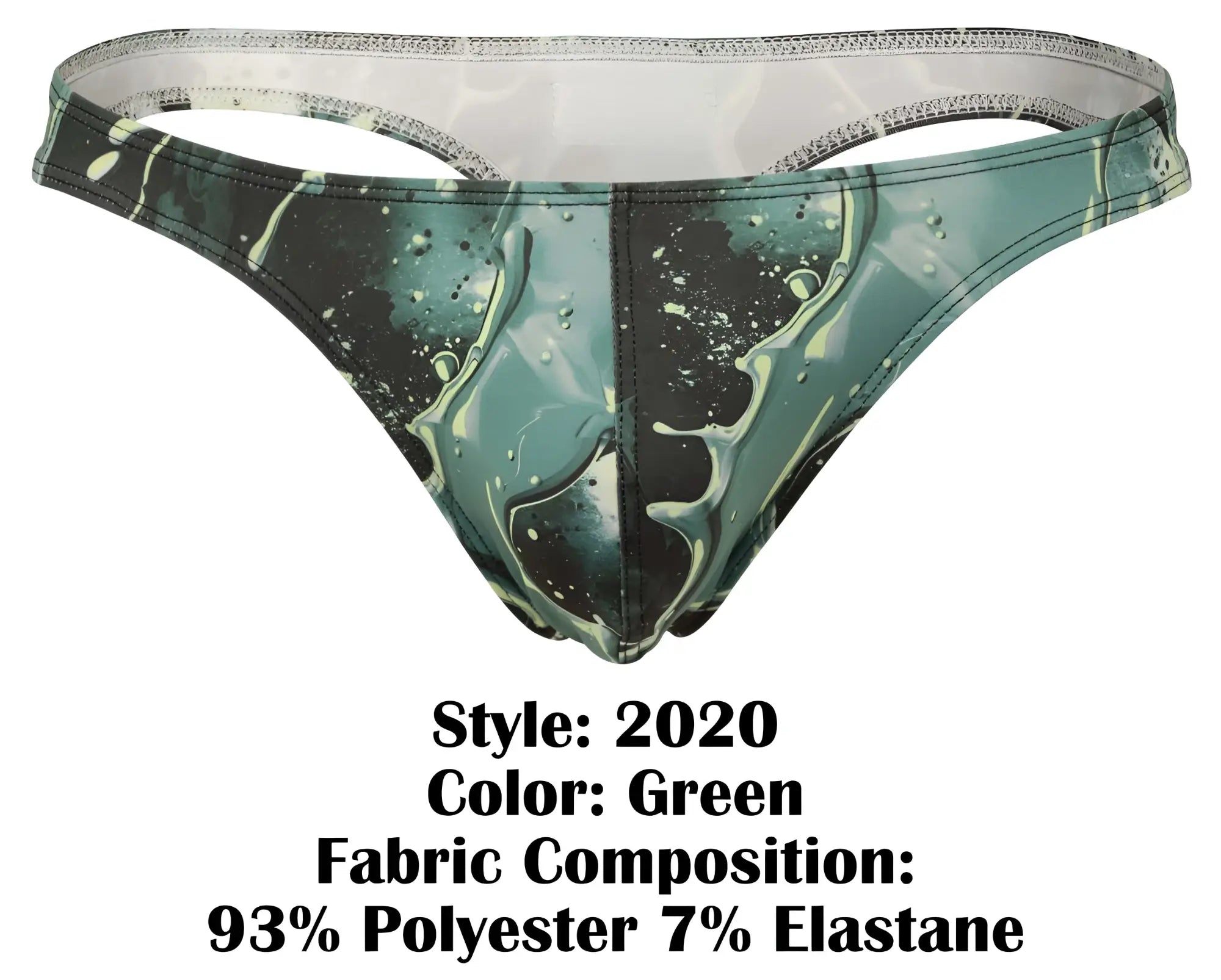 Green clever 2020 galia thong featuring a teal and black marbled water-like pattern in a stretchy fabric