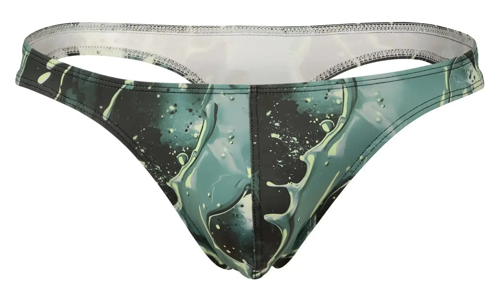 Green and black splatter-patterned clever 2020 galia thong with translucent silver-trimmed waistband front view