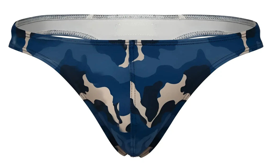 Blue and beige camouflage swim trunks with a glossy finish from clever 2023 almeria thongs collection